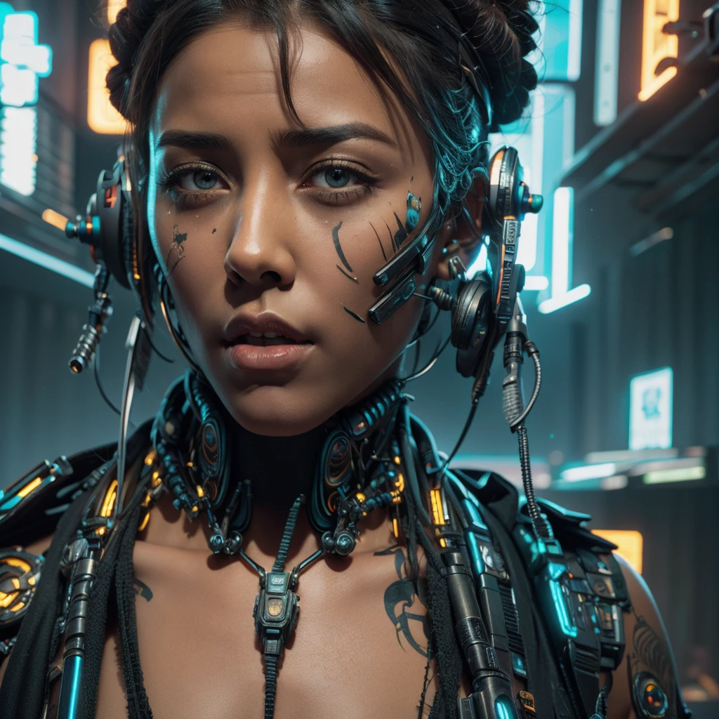 ((masterpiece, highest quality, hires, amazing detail, 8k, best quality)), cinematic, portait, closeup shot of younw woman / idris elba 1.5 /, wearing highly damaged battlesuit, perfect facial hair, scars, cybernetic implants, wearing aviators, in the artstyle of shirow masamune, ghost in the shell, gantz, gritty, cyberpunk background, dynamic colours