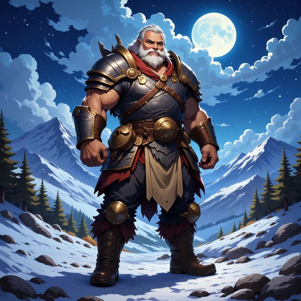 barbarian, a musclegut older-aged larger male, full body in Michelangelo Buonarroti style, housamo style, digital illustration anime, character focus, full body, looking away, dynamic angle, niji5, BREAK costume clothes, armor, helme, pants, boots, standing, fighting pose, dynamic pose, detailed painting landscape, full moon night, snow mountain, path outdoor, full color, HDR, BREAK manly, tan skin, messy hair, complete anatomy, perfect proportions, beautiful thigh gap, BREAK detailed boots, detailed foot, detailed hands, 5fingers, 5fingers nails, BREAK intense face, anime face, insanity detailed face, male face, big face, strong jawline, anime eyes, detailed brown eyes, detailed brown cornea, detailed dark brown irises, detailed pupils, male eyes, male eyebrows, beautiful beard, BREAK masterpiece, official art, best quality, very aesthetic, absurdres, super fine illustration, great quality, BREAK noise reduction, very highres, large filesize, high quality, 32K, 8k wallpaper, dynamic lighting, BREAK insanity detailed, ultra detailed, intricate details, extremely detailed, detailed texture, an extremely delicate and beautiful, BREAK harmonious body, pastoral face, virtuous eyes, epic atmosphere