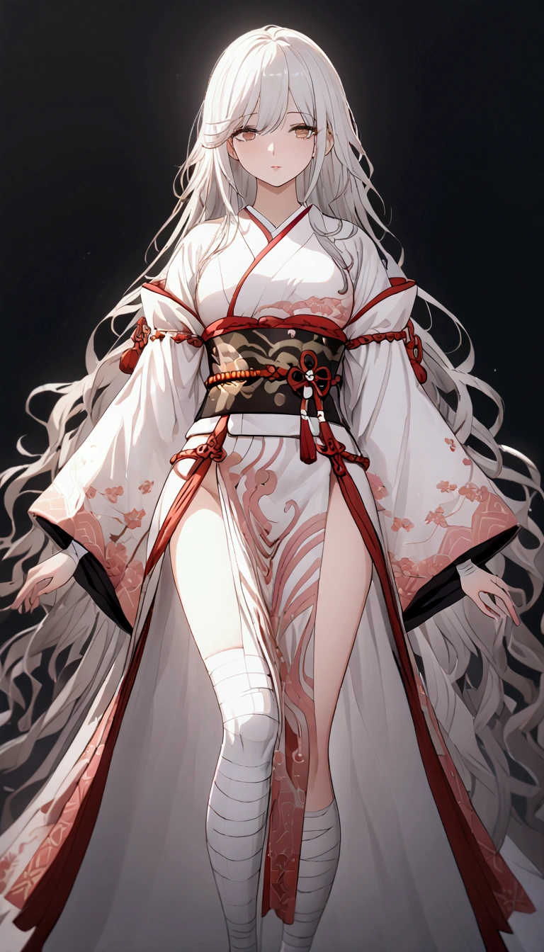 (Masterpiece. The best quality. 8K. Sharp focus. Depth of field, The best shadows. Perfect lighting. HDR. Realistic skin texture. Ultra-detailed background. Detail). Anime style. 1 girl. Kitsune. Samurai. White hair with pink ends. Long hair. Wavy hair. Tangled hair. Hair gathered in a ponytail. Beautiful hair. Ultra-detailed hair. Blind. Blind eyes. Blind eyes. Eyes covered with a whitish film. White eyes. Eyes without zolia. Beautiful eyes. Beautiful eyes. Expressive eyes. Ultra-detailed eyes. Perfect face. Beautiful face. Cute face. Beautiful nose. Thin lips. Ultra-detailed face. Perfect anatomical body. ish body. Slender figure. Tall. Slender waist. B-size breasts. Small breasts. Beautiful breasts.  Rounded hips. Beautiful, long arms. Bandaged arms. Arms in bandages. Beautiful, long legs. Bandaged legs. Legs in bandages. Ultra-detailed arms. Ultra-detailed legs. Ultra-detailed body. Ultra-detailed breasts. Ultra-detailed crotch. White kimono, ornamented with sakura petals. Wide obi belt on the waist. Goethe sandals on the feet. Ultra-detailed clothes. Katana on the belt. Girl casts in full growth. Girl stands in full growth. Holds one hand on the hilt of the katana. No background. White background. No wallpaper. White wallpaper. Full body. Ultra-detailed graphics. Ultra-detailed picture. Highest resolution.