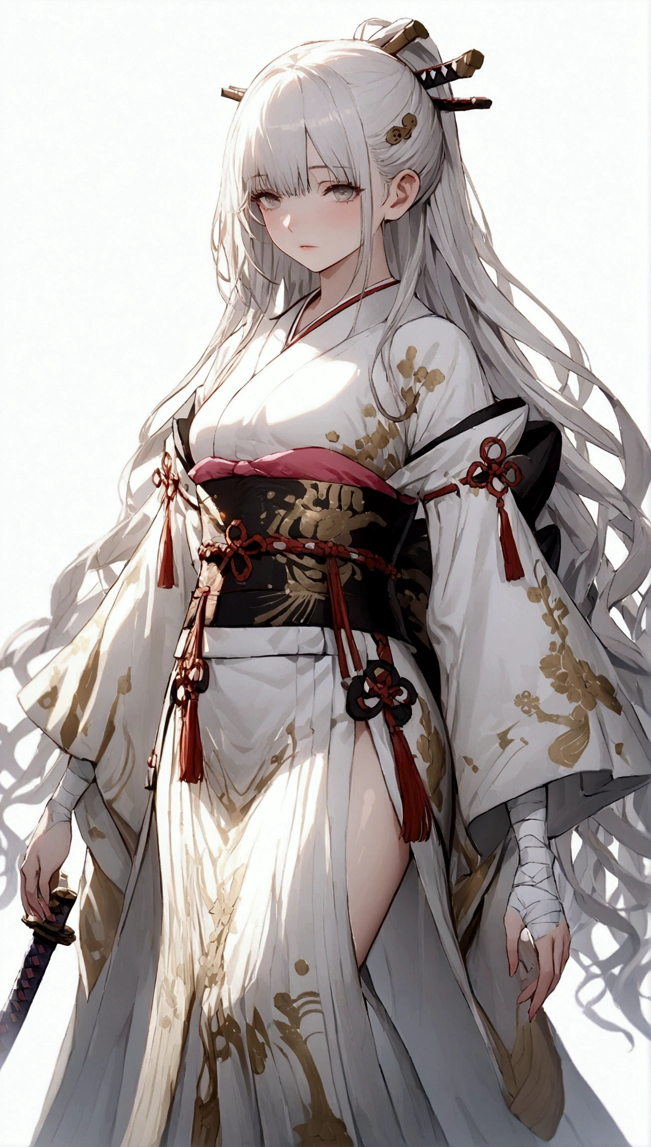 (Masterpiece. The best quality. 8K. Sharp focus. Depth of field, The best shadows. Perfect lighting. HDR. Realistic skin texture. Ultra-detailed background. Detail). Anime style. 1 girl. Kitsune. Samurai. White hair with pink ends. Long hair. Wavy hair. Tangled hair. Hair gathered in a ponytail. Beautiful hair. Ultra-detailed hair. Blind. Blind eyes. Blind eyes. Eyes covered with a whitish film. White eyes. Eyes without zolia. Beautiful eyes. Beautiful eyes. Expressive eyes. Ultra-detailed eyes. Perfect face. Beautiful face. Cute face. Beautiful nose. Thin lips. Ultra-detailed face. Perfect anatomical body. ish body. Slender figure. Tall. Slender waist. B-size breasts. Small breasts. Beautiful breasts.  Rounded hips. Beautiful, long arms. Bandaged arms. Arms in bandages. Beautiful, long legs. Bandaged legs. Legs in bandages. Ultra-detailed arms. Ultra-detailed legs. Ultra-detailed body. Ultra-detailed breasts. Ultra-detailed crotch. White kimono, ornamented with sakura petals. Wide obi belt on the waist. Goethe sandals on the feet. Ultra-detailed clothes. Katana on the belt. Girl casts in full growth. Girl stands in full growth. Holds one hand on the hilt of the katana. No background. White background. No wallpaper. White wallpaper. Full body. Ultra-detailed graphics. Ultra-detailed picture. Highest resolution.