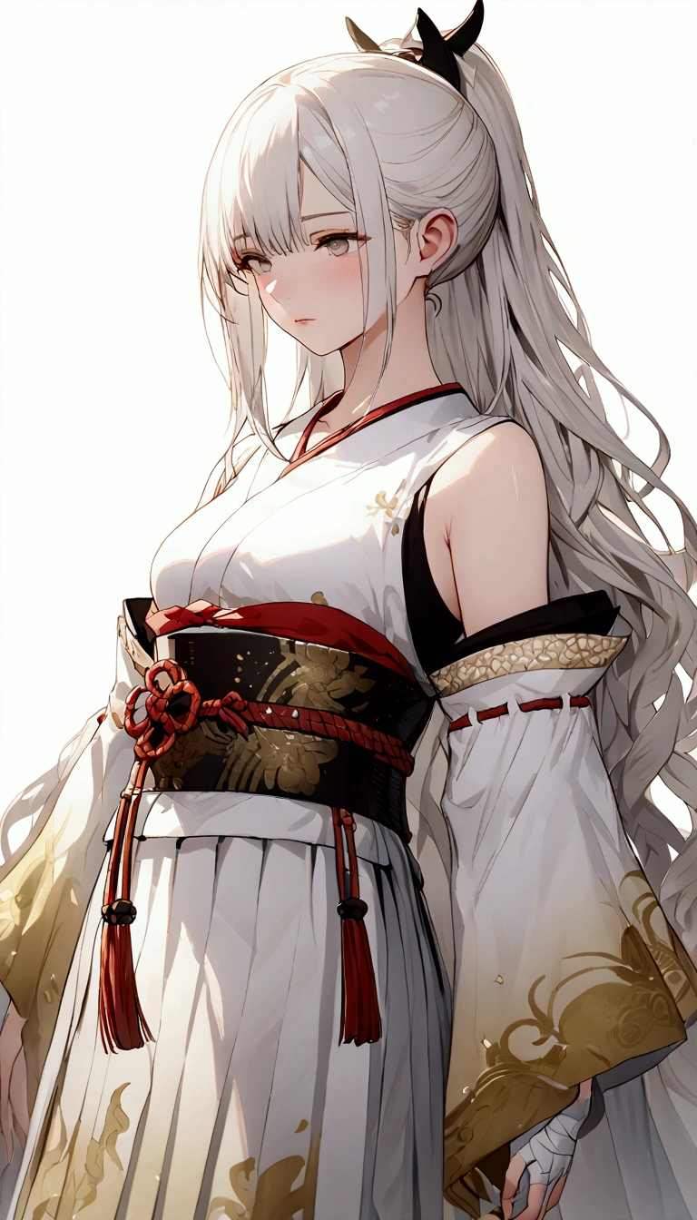 (Masterpiece. The best quality. 8K. Sharp focus. Depth of field, The best shadows. Perfect lighting. HDR. Realistic skin texture. Ultra-detailed background. Detail). Anime style. 1 girl. Kitsune. Samurai. White hair with pink ends. Long hair. Wavy hair. Tangled hair. Hair gathered in a ponytail. Beautiful hair. Ultra-detailed hair. Blind. Blind eyes. Blind eyes. Eyes covered with a whitish film. White eyes. Eyes without zolia. Beautiful eyes. Beautiful eyes. Expressive eyes. Ultra-detailed eyes. Perfect face. Beautiful face. Cute face. Beautiful nose. Thin lips. Ultra-detailed face. Perfect anatomical body. ish body. Slender figure. Tall. Slender waist. B-size breasts. Small breasts. Beautiful breasts.  Rounded hips. Beautiful, long arms. Bandaged arms. Arms in bandages. Beautiful, long legs. Bandaged legs. Legs in bandages. Ultra-detailed arms. Ultra-detailed legs. Ultra-detailed body. Ultra-detailed breasts. Ultra-detailed crotch. White kimono, ornamented with sakura petals. Wide obi belt on the waist. Goethe sandals on the feet. Ultra-detailed clothes. Katana on the belt. Girl casts in full growth. Girl stands in full growth. Holds one hand on the hilt of the katana. No background. White background. No wallpaper. White wallpaper. Full body. Ultra-detailed graphics. Ultra-detailed picture. Highest resolution.