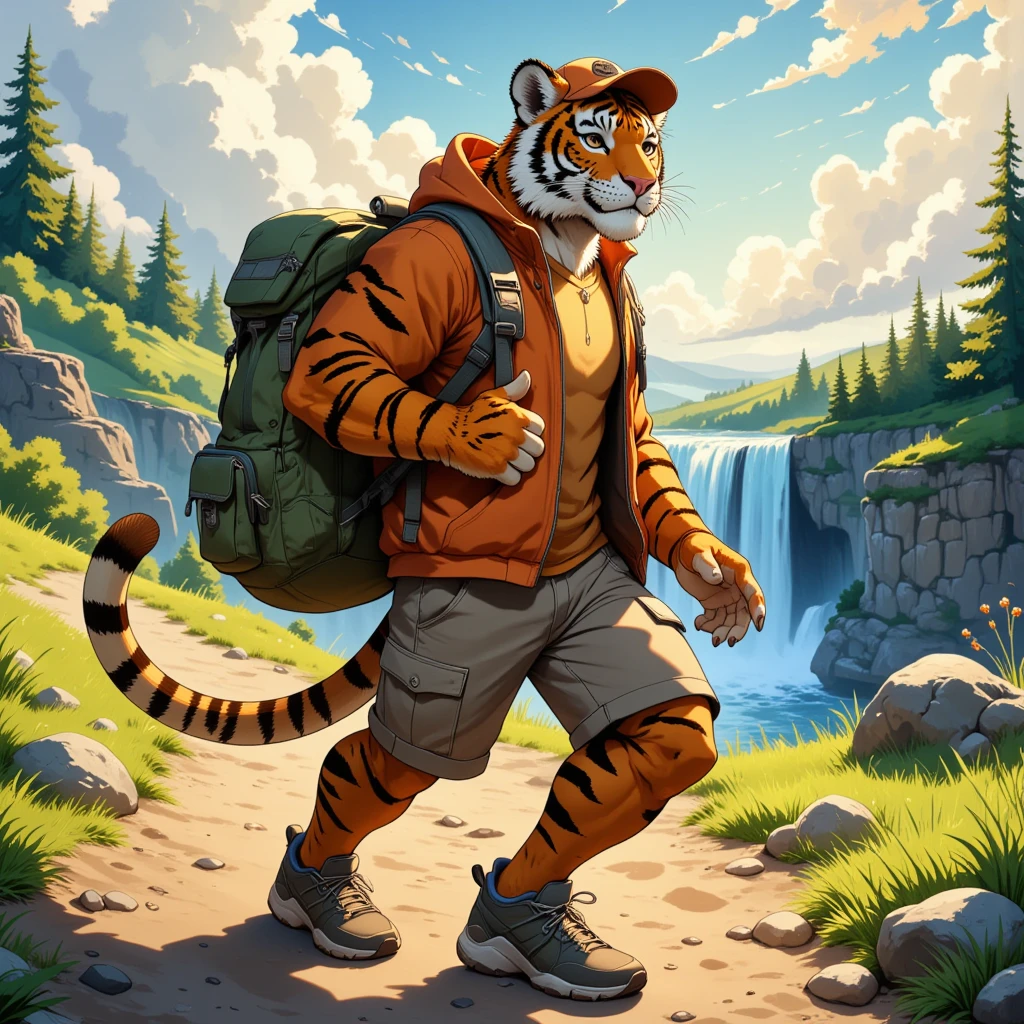 character focus, full body, looking away, from above, dynamic angle, american country, backpacker, middle-aged tiger man, BREAK happy, little smile, clothed, jacket, shirt, backpack, baseball cap, half pants, sneaker, standing, hiking, dynamic pose, complete anatomy, perfect proportions, beautiful thigh gap, fluffy body, intricate fur details, beautiful fur texture, BREAK (a detailed tiger 1tail), detailed sneaker, beautiful foot, BREAK detailed hands, 5fingers, 5fingers nails, BREAK aesthetic anime face, insanity detailed face, male face, big face, square jawline, aesthetic anime eyes, detailed brown eyes, detailed brown cornea, detailed dark brown irises, detailed pupils, male eyes, big eyes, male eyebrows, innocent look, beautiful beard, BREAK full body in Michelangelo Buonarroti style, housamo style, watercolor-style, detailed painting landscape, afternoon, hillside, niagara falls, outdoor, full color, HDR, BREAK masterpiece, official art, best quality, very aesthetic, absurdres, super fine illustration, great quality, BREAK noise reduction, very highres, large filesize, high quality, 32K, 8k wallpaper, dynamic lighting, BREAK insanity detailed, ultra detailed, intricate details, extremely detailed, detailed texture, an extremely delicate and beautiful, full color, HDR, BREAK e621 illustration, osukemo, kemohomo, anthropomorphic, furry, cartoon, harmonious body, pastoral face, virtuous eyes, country atmosphere