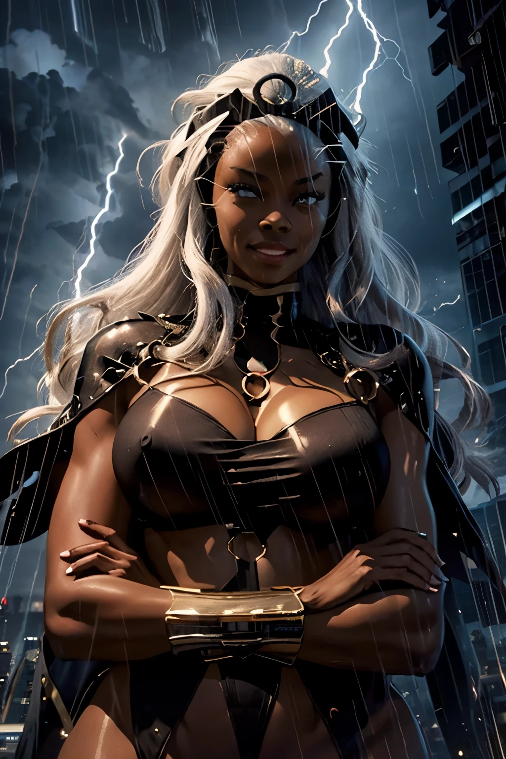 Storm（MARVEL）、Beautiful Black Woman、smile、Big Breasts、 sexy body 、 emphasizes the chest 、Crossed Arms、in The City in a Thunder Storm