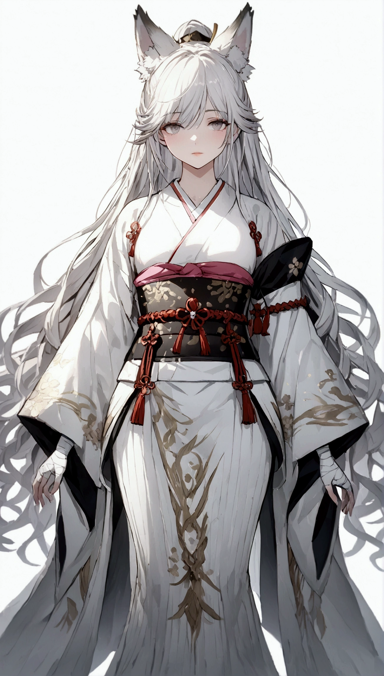 (Masterpiece. The best quality. 8K. Sharp focus. Depth of field, The best shadows. Perfect lighting. HDR. Realistic skin texture. Ultra-detailed background. Detail). Anime style. 1 girl. Kitsune. Samurai. White hair with pink ends. Long hair. Wavy hair. Tangled hair. Hair gathered in a ponytail. Beautiful hair. Ultra-detailed hair. Blind. Blind eyes. Blind eyes. Eyes covered with a whitish film. White eyes. Eyes without zolia. Beautiful eyes. Beautiful eyes. Expressive eyes. Ultra-detailed eyes. Perfect face. Beautiful face. Cute face. Beautiful nose. Thin lips. Ultra-detailed face. Perfect anatomical body. ish body. Slender figure. Tall. Slender waist. B-size breasts. Small breasts. Beautiful breasts.  Rounded hips. Beautiful, long arms. Bandaged arms. Arms in bandages. Beautiful, long legs. Bandaged legs. Legs in bandages. Ultra-detailed arms. Ultra-detailed legs. Ultra-detailed body. Ultra-detailed breasts. Ultra-detailed crotch. White kimono, ornamented with sakura petals. Wide obi belt on the waist. Goethe sandals on the feet. Ultra-detailed clothes. Katana on the belt. Girl casts in full growth. Girl stands in full growth. Holds one hand on the hilt of the katana. No background. White background. No wallpaper. White wallpaper. Full body. Ultra-detailed graphics. Ultra-detailed picture. Highest resolution.