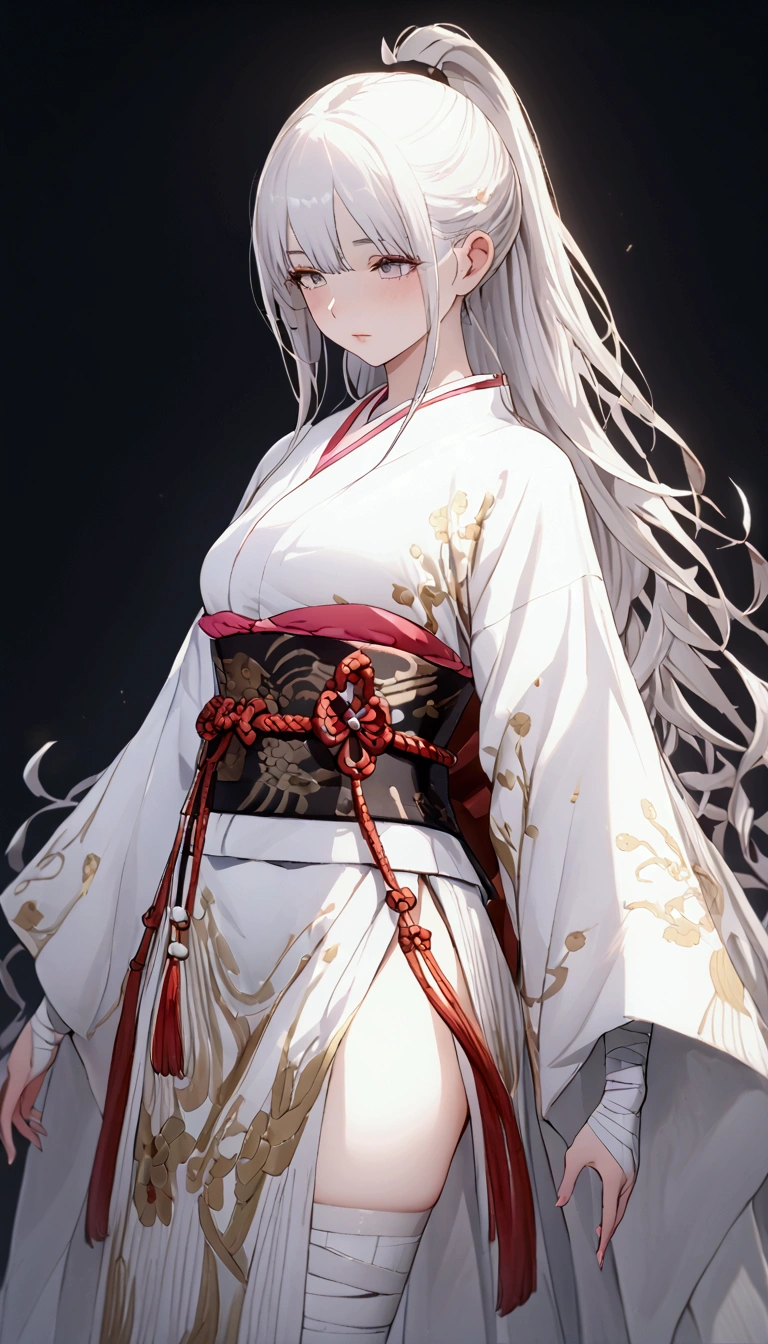 (Masterpiece. The best quality. 8K. Sharp focus. Depth of field, The best shadows. Perfect lighting. HDR. Realistic skin texture. Ultra-detailed background. Detail). Anime style. 1 girl. Kitsune. Samurai. White hair with pink ends. Long hair. Wavy hair. Tangled hair. Hair gathered in a ponytail. Beautiful hair. Ultra-detailed hair. Blind. Blind eyes. Blind eyes. Eyes covered with a whitish film. White eyes. Eyes without zolia. Beautiful eyes. Beautiful eyes. Expressive eyes. Ultra-detailed eyes. Perfect face. Beautiful face. Cute face. Beautiful nose. Thin lips. Ultra-detailed face. Perfect anatomical body. ish body. Slender figure. Tall. Slender waist. B-size breasts. Small breasts. Beautiful breasts.  Rounded hips. Beautiful, long arms. Bandaged arms. Arms in bandages. Beautiful, long legs. Bandaged legs. Legs in bandages. Ultra-detailed arms. Ultra-detailed legs. Ultra-detailed body. Ultra-detailed breasts. Ultra-detailed crotch. White kimono, ornamented with sakura petals. Wide obi belt on the waist. Goethe sandals on the feet. Ultra-detailed clothes. Katana on the belt. Girl casts in full growth. Girl stands in full growth. Holds one hand on the hilt of the katana. No background. White background. No wallpaper. White wallpaper. Full body. Ultra-detailed graphics. Ultra-detailed picture. Highest resolution.