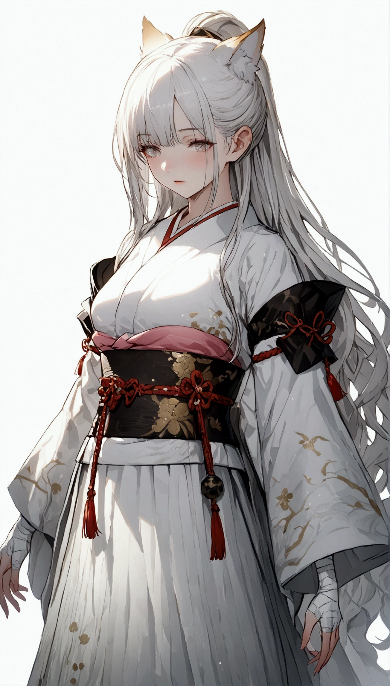 (Masterpiece. The best quality. 8K. Sharp focus. Depth of field, The best shadows. Perfect lighting. HDR. Realistic skin texture. Ultra-detailed background. Detail). Anime style. 1 girl. Kitsune. Samurai. White hair with pink ends. Long hair. Wavy hair. Tangled hair. Hair gathered in a ponytail. Beautiful hair. Ultra-detailed hair. Blind. Blind eyes. Blind eyes. Eyes covered with a whitish film. White eyes. Eyes without zolia. Beautiful eyes. Beautiful eyes. Expressive eyes. Ultra-detailed eyes. Perfect face. Beautiful face. Cute face. Beautiful nose. Thin lips. Ultra-detailed face. Perfect anatomical body. ish body. Slender figure. Tall. Slender waist. B-size breasts. Small breasts. Beautiful breasts.  Rounded hips. Beautiful, long arms. Bandaged arms. Arms in bandages. Beautiful, long legs. Bandaged legs. Legs in bandages. Ultra-detailed arms. Ultra-detailed legs. Ultra-detailed body. Ultra-detailed breasts. Ultra-detailed crotch. White kimono, ornamented with sakura petals. Wide obi belt on the waist. Goethe sandals on the feet. Ultra-detailed clothes. Katana on the belt. Girl casts in full growth. Girl stands in full growth. Holds one hand on the hilt of the katana. No background. White background. No wallpaper. White wallpaper. Full body. Ultra-detailed graphics. Ultra-detailed picture. Highest resolution.