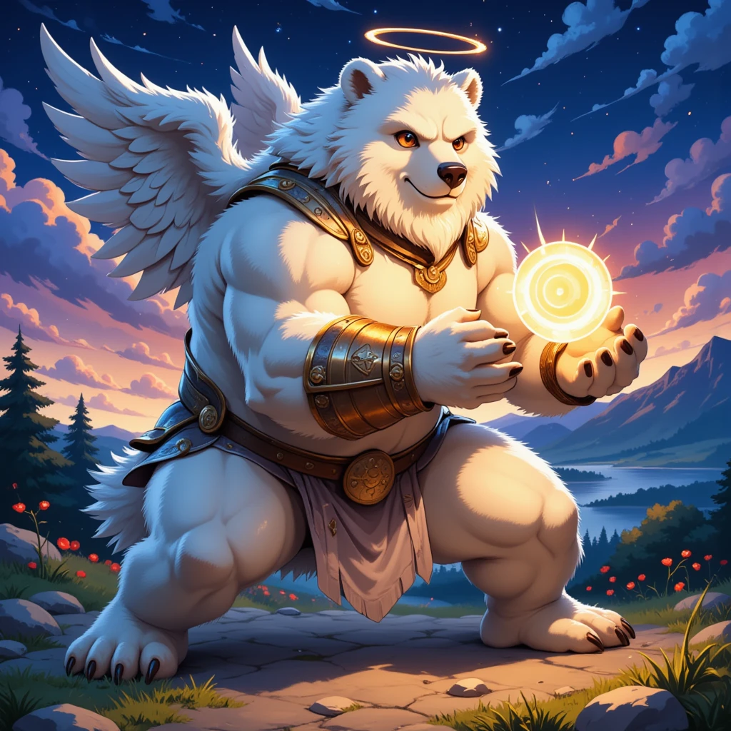 character focus, full body, looking away, dynamic angle, SFW, chibi, angel, a muscular middle-aged polar bear man, angel wings, happy, light smile, costume clothes, armor, loincloth, rushing wind, hold with both hands quantum electromagnetic life form sacred sphere, spinning fly, dynamic pose, BREAK complete anatomy, perfect proportions, beautiful thigh gap, fluffy body, intricate fur details, beautiful fur texture, BREAK a detailed bear tail, detailed toe, 5toes, 5toes nails, beautiful foot, detailed hands, 5fingers, 5fingers nails, BREAK cute face, aesthetic anime face, insanity detailed face, male face, big face, square jawline, aesthetic anime eyes, detailed brown eyes, detailed brown cornea, detailed dark brown irises, detailed pupils, male eyes, big eyes, male eyebrows, innocent look, beautiful beard, BREAK full body in Michelangelo Buonarroti style, digital illustration anime, housamo style, detailed painting landscape, twilight, kaleidoscopic swirls, france, outdoor, full body, HDR, BREAK masterpiece, official art, best quality, very aesthetic, absurdres, super fine illustration, great quality, BREAK noise reduction, very highres, large filesize, high quality, 32K, 8k wallpaper, dynamic lighting, BREAK insanity detailed, ultra detailed, intricate details, extremely detailed, detailed texture, an extremely delicate and beautiful, BREAK osukemo, e621 illustration, kemohomo, anthropomorphic, furry, cartoon, harmonious body, pastoral face, virtuous eyes, epic atmosphere