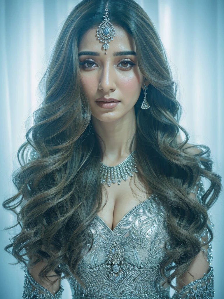 1 female solo, heli daruwala, beautiful detailed eyes, beautiful detailed lips, extremely detailed face, long hair, silver dress, highres, ultra-realistic, vibrant colors, professional lighting, stunning portrait