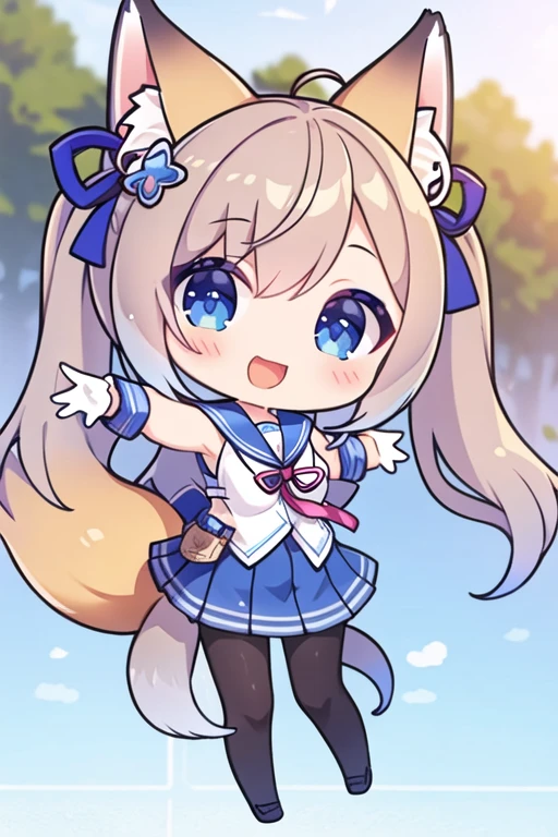  a girl, Alone, Chibi,
therefore hair,  long hair, twin tails , hair ornament, 
 Fox ears,  fox tail , hair,
School uniform,
pantyhose, therefore_pantyhose, pleated skirt,
standing,  open legs, spread your arms,  arms up , arm extended,
 looking at the viewer , open mouth, laughing,
, kawaii, Background, scenic, pastel,  Whimsical , adorable, charming, sweet, kind, Fantasy, Dreamer, colorful, Moving, aesthetic, soft, delicious, , happy, charming,  strange atmosphere, ( best quality:1.1), (masterpiece:1.2),  high quality eyeshadow , nice detail, ( Highly detailed skin ,   SKIN DETAILS  ), (_landscape, 8k),  beautiful face ,  Detailed Eyes ,   depth of field  , dramatic light,  best quality,  highres , best shade,  Best Lighting ,