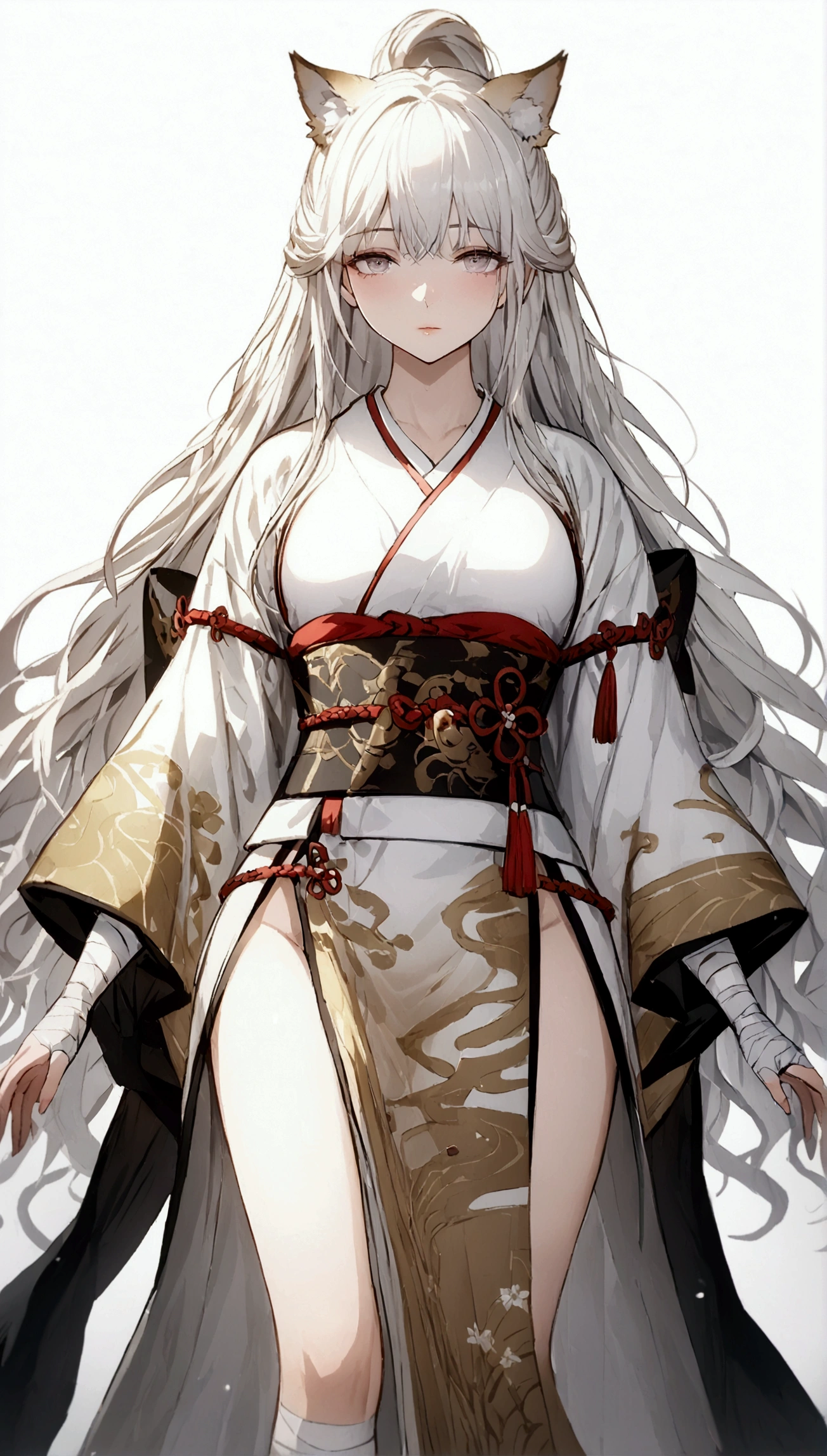 (Masterpiece. The best quality. 8K. Sharp focus. Depth of field, The best shadows. Perfect lighting. HDR. Realistic skin texture. Ultra-detailed background. Detail). Anime style. 1 girl. Kitsune. Samurai. White hair with pink ends. Long hair. Wavy hair. Tangled hair. Hair gathered in a ponytail. Beautiful hair. Ultra-detailed hair. Blind. Blind eyes. Blind eyes. Eyes covered with a whitish film. White eyes. Eyes without zolia. Beautiful eyes. Beautiful eyes. Expressive eyes. Ultra-detailed eyes. Perfect face. Beautiful face. Cute face. Beautiful nose. Thin lips. Ultra-detailed face. Perfect anatomical body. ish body. Slender figure. Tall. Slender waist. B-size breasts. Small breasts. Beautiful breasts.  Rounded hips. Beautiful, long arms. Bandaged arms. Arms in bandages. Beautiful, long legs. Bandaged legs. Legs in bandages. Ultra-detailed arms. Ultra-detailed legs. Ultra-detailed body. Ultra-detailed breasts. Ultra-detailed crotch. White kimono, ornamented with sakura petals. Wide obi belt on the waist. Goethe sandals on the feet. Ultra-detailed clothes. Katana on the belt. Girl casts in full growth. Girl stands in full growth. Holds one hand on the hilt of the katana. No background. White background. No wallpaper. White wallpaper. Full body. Ultra-detailed graphics. Ultra-detailed picture. Highest resolution.