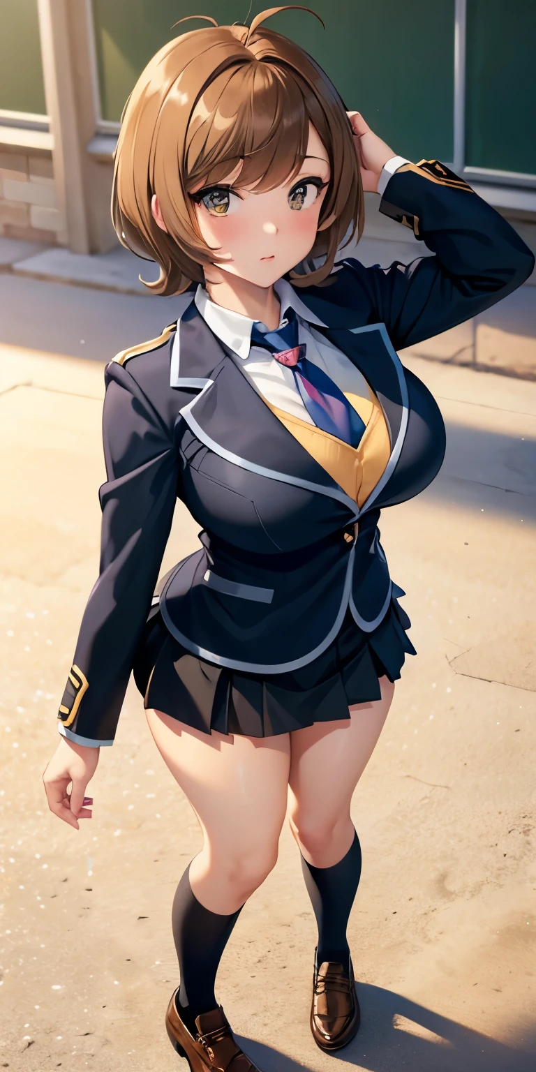 1 Female,High definition,high resolution,Ultra-realistic,8K, hmza, short hair, antenna hair, brown eyes, school uniform, blue necktie, yellow shirt,black jacket, long sleeves, black skirt,tight skirt, miniskirt, large breasts, brown shoes,large breasts,European,sexy,Upper body close-up,Photographed from the front,Dynamic Angles,blush, big tits ,(top view),(full body), perfect face,cute face