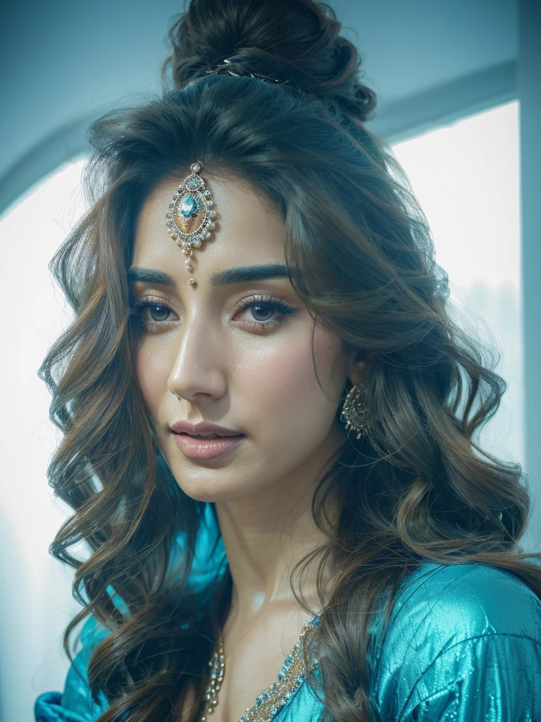 1 female solo, heli daruwala, beautiful detailed eyes, beautiful detailed lips, extremely detailed face, long hair, aqua blue dress, highres, ultra-realistic, vibrant colors, professional lighting, stunning portrait