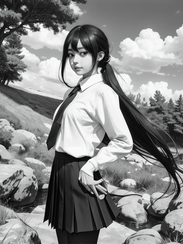 Black and white line drawing,monochrome,Line art,best quality, masterpiece, real,realistic, photo,photorealistic,looking at viewer,
1girl,cosplayer,
st. gloriana's school uniform,dark blue sweater, necktie,white collared shirt,blue pleated skirt, pantyhose,school emblem, 
very long hair, black hair, blunt bangs, straight hair, 
outdoors, 
