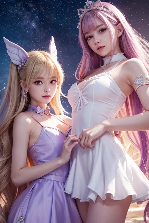 <lora:kaisaStarGuardian_v10:0.3>,<lora:koreanDollLikeness_v15:0.6>,2girls kissing each other, indoor,star guardian (league of legends),kaisasg,best quality,ultra high res, long hair, solo, wings, skirt, gloves, white gloves, elbow gloves, bare shoulders, bangs, magical girl, purple skirt, pink hair, very long hair, magic, red hair, black eyes, horns, hair ornament,smile, happy