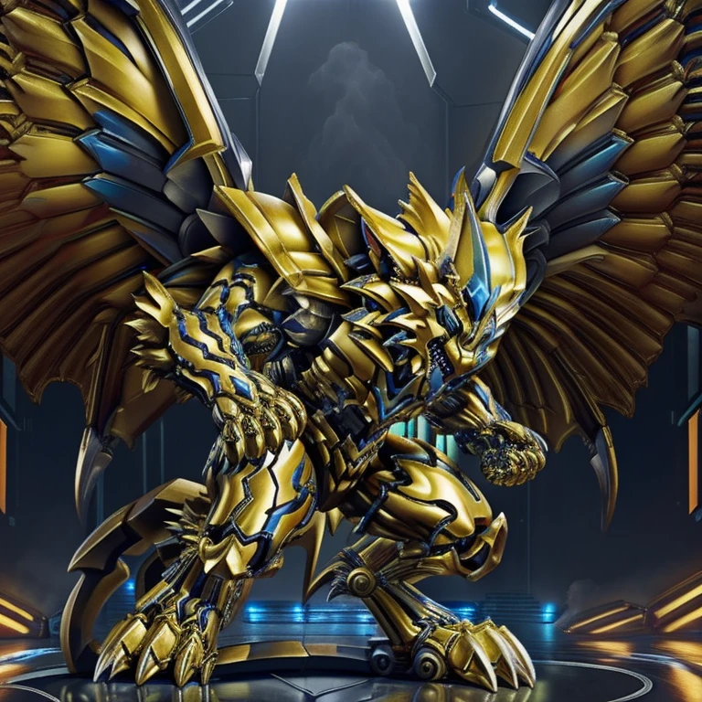 (ZERAORA, 8K), (Zeraora's giant robot, Powered exoskeleton with the same design as Zeraora), (Masterpiece, highres) (Detailed head, Detailed Body, Detailed abs, full body) (gigantic muscles, Gigachad Muscular, big muscle, pecs, triceps, traps, unusually developed muscular body, body full of huge muscles. showing off muscles, pectorales enormes, Exaggeratedly huge muscles.) (nj5furry, The claws are sharp, Sharp teeth, sharp claws), (long legs), (Spread wings, It has wings, have big wings, golden wings), (It has wings, whole body shines like metal, Wearing cyberpunk mecha, emphasizes the muscles, suit fully made of metal, intricate armor, Robotic suit, suit fully made of metal, cyborg), menacing pose,  An arrogant expression. destroying city.