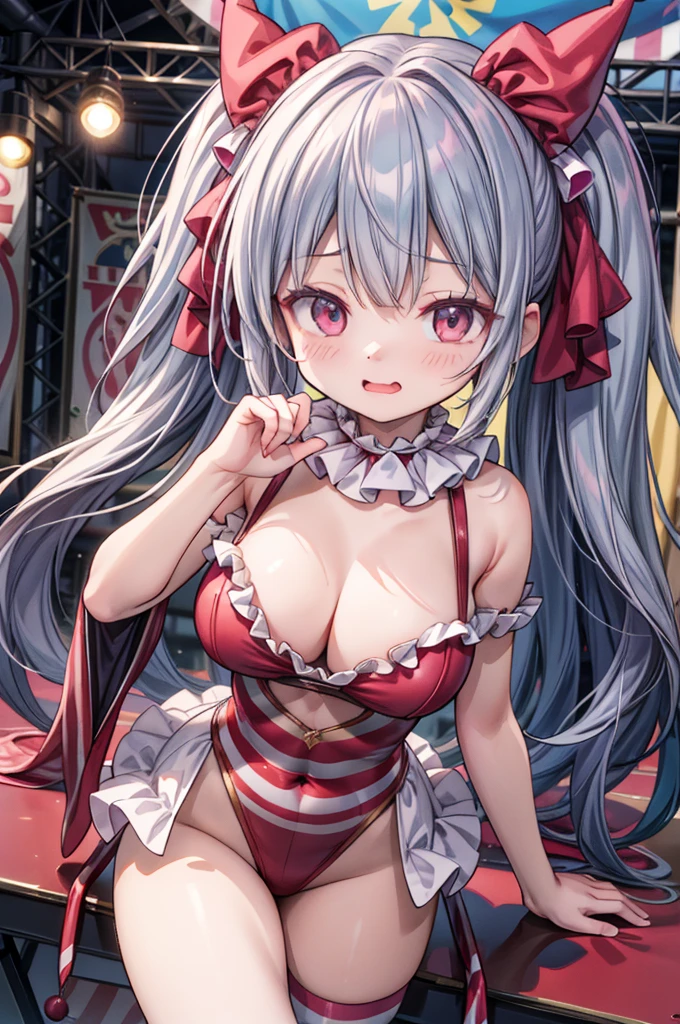 (masterpiece, ultra-detailed, best quality, clear focus, dramatic scene, cinematic), shadow, (ultra-high resolution, 8k), perfect anatomy, perfect face, (detailed face, detailed eye), cute Japanese girl, famous Japanese idol, very beautiful and cute and cool face, dynamic pose, dynamic angle, (she is a cute circus clown, wearing a clown stage costume:1.3), (she is performing a circus show on the stage, spot light:1.3), large breasts, dynamic angle, blue hair, panicking, open mouth, (wavy mouth:1.3)