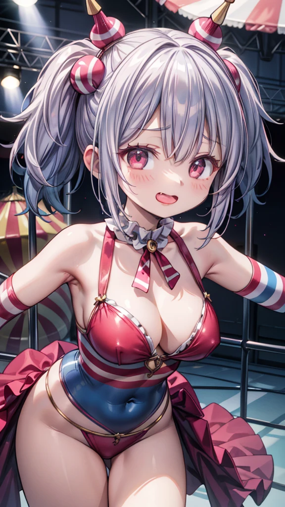 (masterpiece, ultra-detailed, best quality, clear focus, dramatic scene, cinematic), shadow, (ultra-high resolution, 8k), perfect anatomy, perfect face, (detailed face, detailed eye), cute Japanese girl, famous Japanese idol, very beautiful and cute and cool face, dynamic pose, dynamic angle, (she is a cute circus clown, wearing a clown stage costume:1.3), (she is performing a circus show on the stage, spot light:1.3), large breasts, dynamic angle, blue hair, panicking, open mouth, (wavy mouth:1.3)