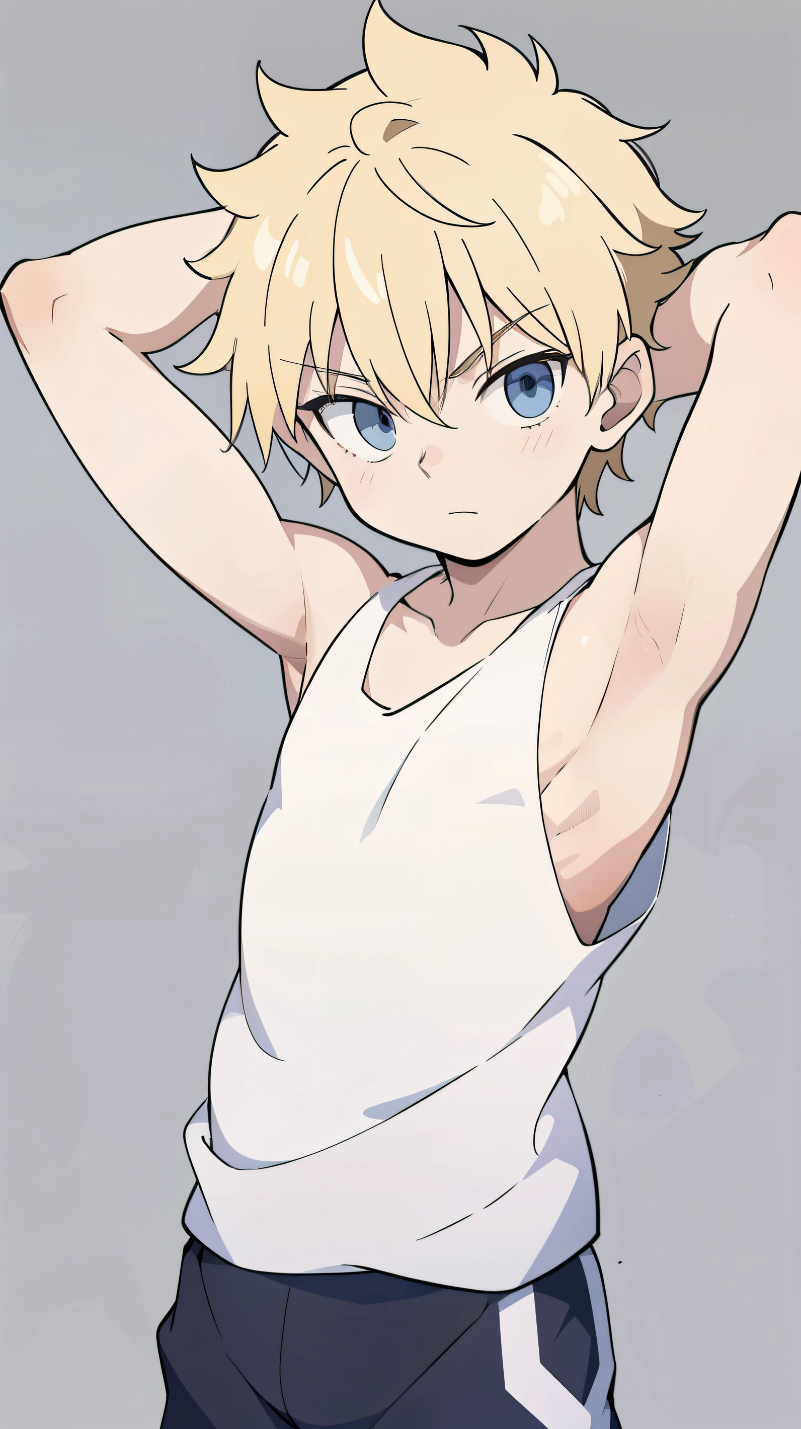 Highres, Masterpiece, Best quality at best,Best Quality,hight quality, hight detailed, Anime style, , 1boy, Boy, Shota, Solo person, Young boy, upper body, slim body, blonde hair, Tank top, bare shoulder, grey background, (Showing armpit:1.3), Give me a picture of the armpit of a young boy, the armpit looks clean and smells good, the armpit is very beautiful, the boy is teasing using his armpit, shine closer to the armpit, Cute armpit, Sexy armpit, seductive armpits, Such a cute smooth armpit, The armpits of a boy, Adorable little armpits, Give me a proportional picture of a boy's armpits, (very young boy), (Very small and short body), uhd, bokeh