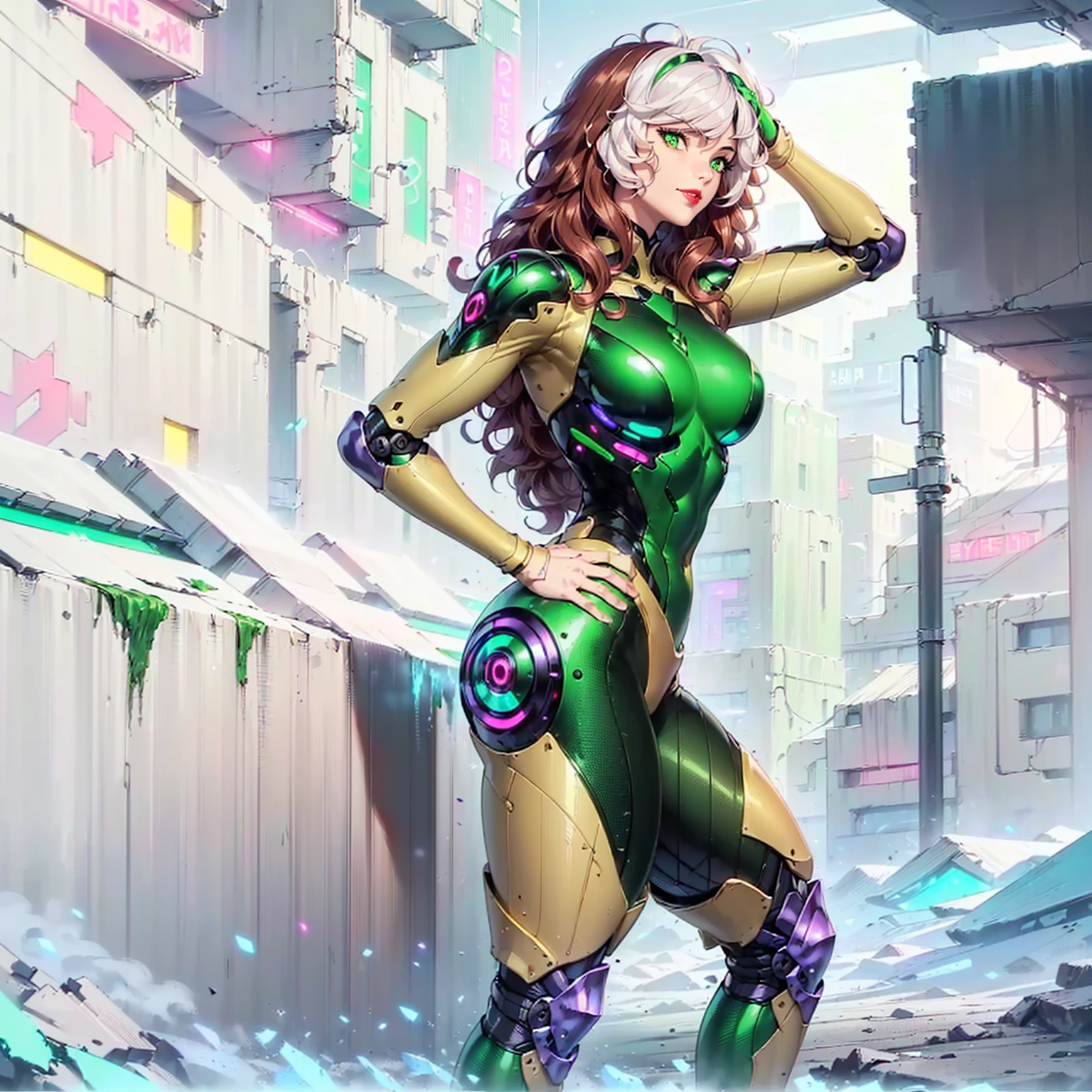 (1girl, Alone, alone), (rogue, ((clsscrgedsk, wavy hair, curly hair, medium length hair, brown hair, Wavy hair, messy hair, a strand of white hair, bow hair, green eyes)), x-man), ((Alone, (1woman,pink lipstick ), extremely detailed , Soft ambient lighting, 4K, perfect eyes, a perfect face, Perfect Lighting, the 1 girl)), ((fitness, , shapely body, athletic body, toned body)) , ((seamless image fusion, best quality, super fine, extremely detailed, delicate and dynamic, cool and militant combatants, wearing hologram armored combat suits that fit tightly to the body and blend into the surrounding scenery, iridescent, background in the same color as the combat uniform, background Iridescent city, woman, cyber armor, smug, smug, framing against diving, cyberpunk city, armor, , mecha, robot, purple armor, night, jade, red lipstick))