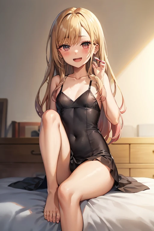 ((Best Quality)), ((masterpiece)), (be familiar with),  perfect face, indoor, bedroom,  watching viewers,
One woman,  Kitakawa Kaiumi,
 characters with open mouth ,  ecstatic expression , blush, smile,
Small breasts,  flat chest, , ,  s, Girl,
Long Hair,  long hair,
Leg spread,