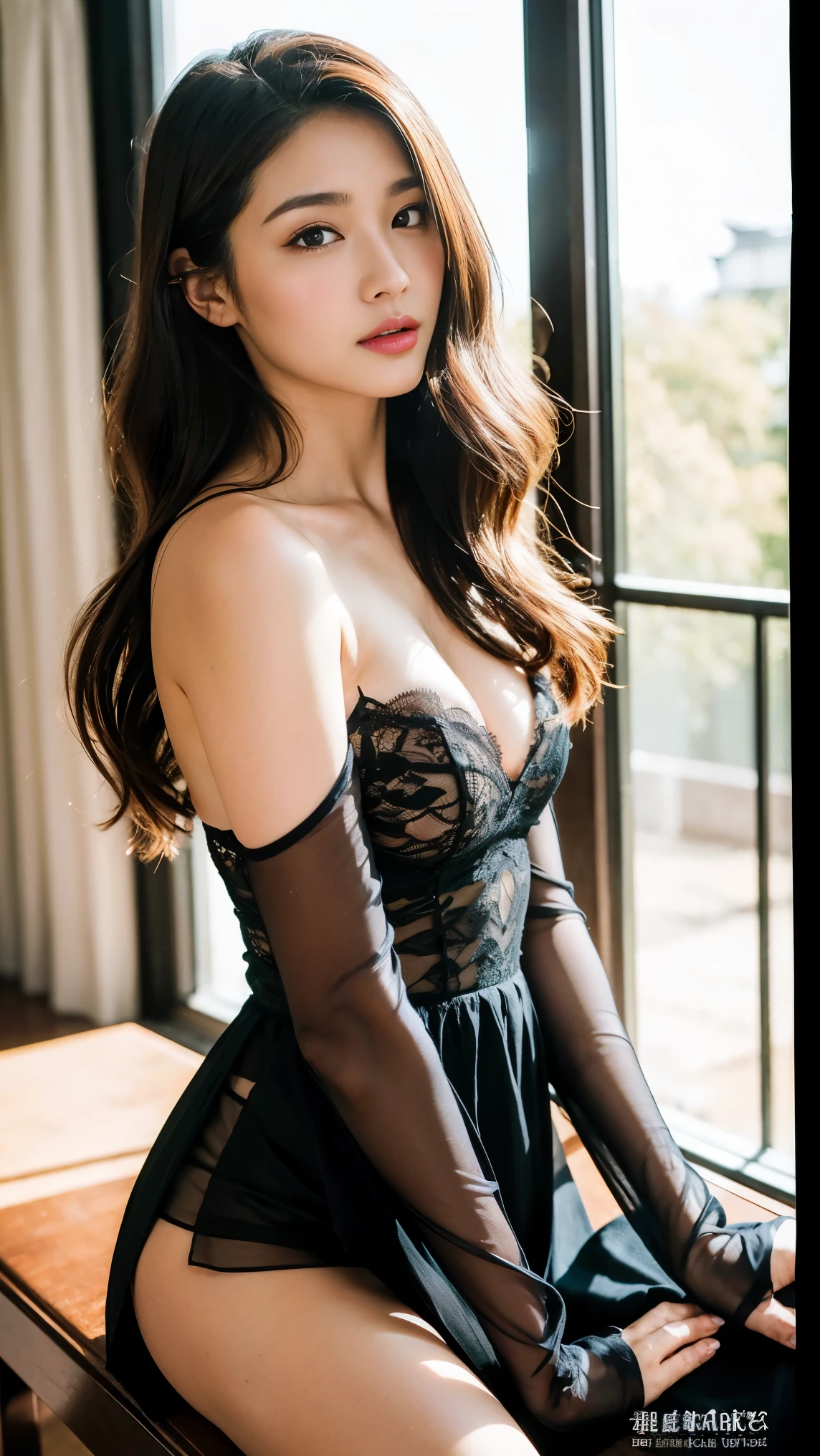 Tzuyu 1, woman, (Realistic), (Hyperrealism), (photoRealistic), Written boundary depth, eye make up:0.7 (whole body:1.8), (Large Bust),(Tight waist), Observe the audience,At the flower garden, Fashion Model, A sexy sheer dress made of all lace with an open shoulder and neckline.