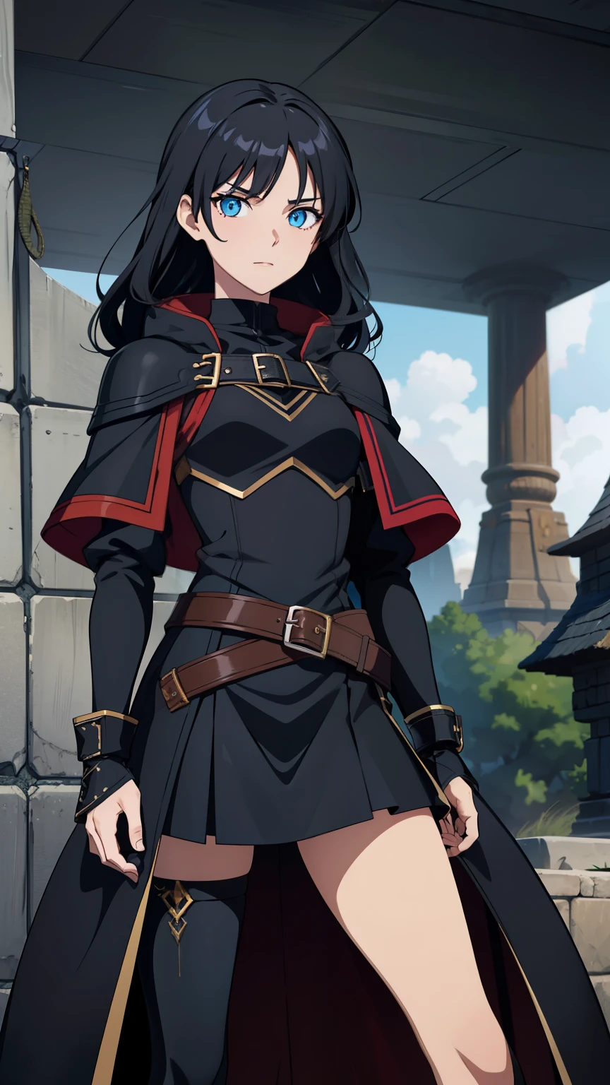 ( high quality, breathtaking),( expressive eyes ,  perfect face ) full height, 1 girl, female, One, adult, Age 20,  black hair , blue eye color, long hair length,  looking at the viewer, whole body,  calm facial expression ,  fantasy clothes , height 4 "3,  fantasy adventurer outfit,  red attracts ,  thief profession , short stature,  black hooded raincoat , black jacket,  black short-sleeved shirt ,  long-sleeved mittens , black skirt,  silver finish , fantasy armor, shoulder pads, leather armor,  light tanned skin ,  small breast , curly hair
