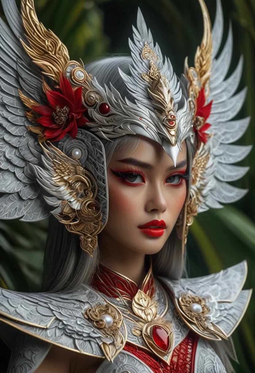 Photorealism, Face facing front,Stunning hyper-realistic Japanese girl, by Ash Thorp and Marta Nael, anime, manga, character, upper body only, wearing high detail elaborate red mate mix 24k gold balinese barong  engraving  fantasy clothes inspired by balinese culture, futuristic and modern twist, vibrant high res  colors, soft focus, warm lighting, 8k, high-quality print, delicate features, intricate details, jade eyes , light grey hair, high detail skins, red lips,  dynamic pose, fusion of traditional and futuristic elements, barong garuda ornate accessories, exotic patterns, Batik-inspired design, traditional balinese headdress, intricate maluku pearl jewelry. High res, high saturation, cinematic, 1040x2400pixels