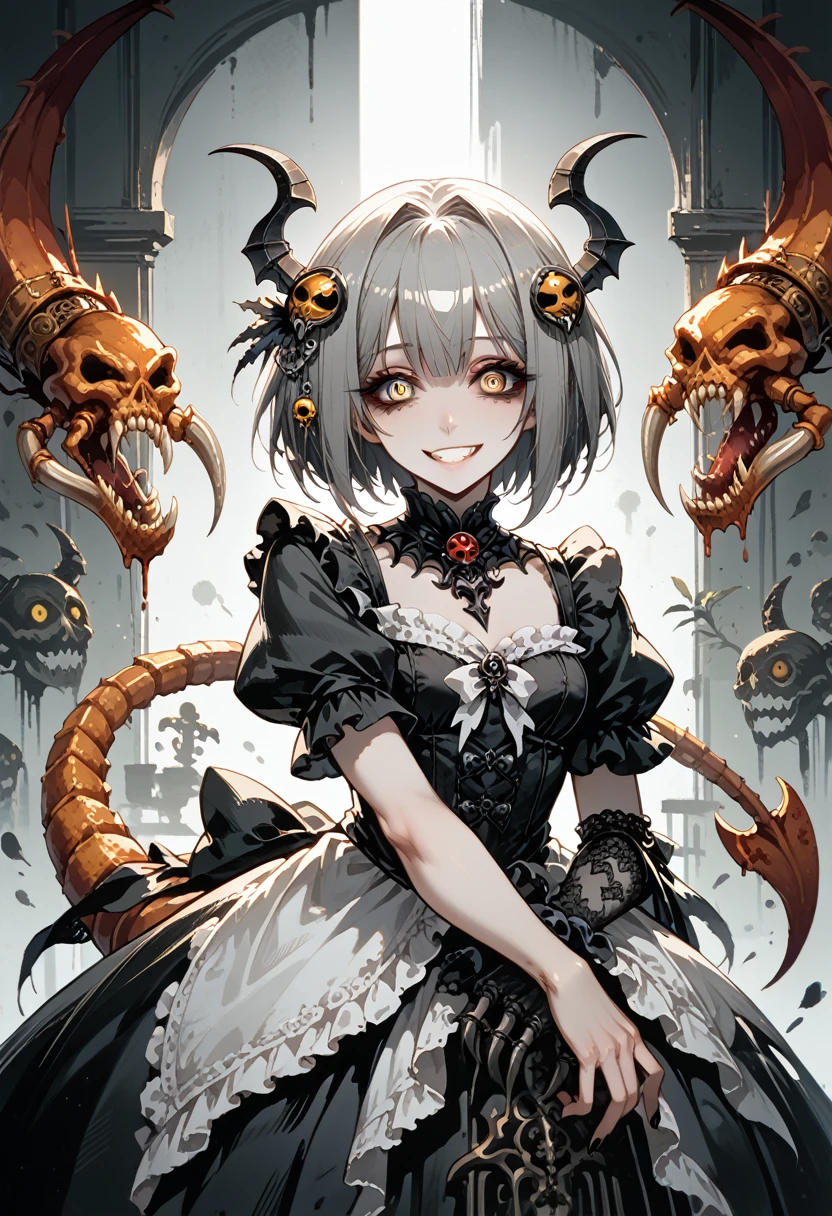 A girl with a scorpion tail. Black carapace. gothic dress. Her one hand becomes a scorpion's claw. Gray hair. short hair. Yandere Smile. yellow eyes hair ornament in her hair. mucus.