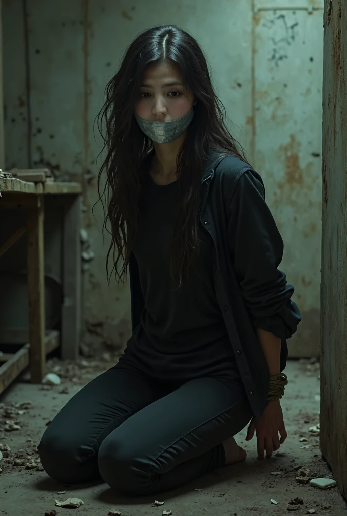 (Vietnamese female detective with her hands and feet tied and her mouth gagged with tape