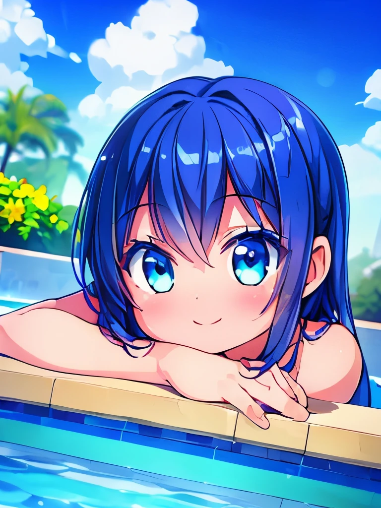 ((masterpiece)), ((best quality)), (ultra-detailed), pool, a cute girl, 1girl, solo, ((beautiful eyes)), smile, bikini00, beautiful blue hair