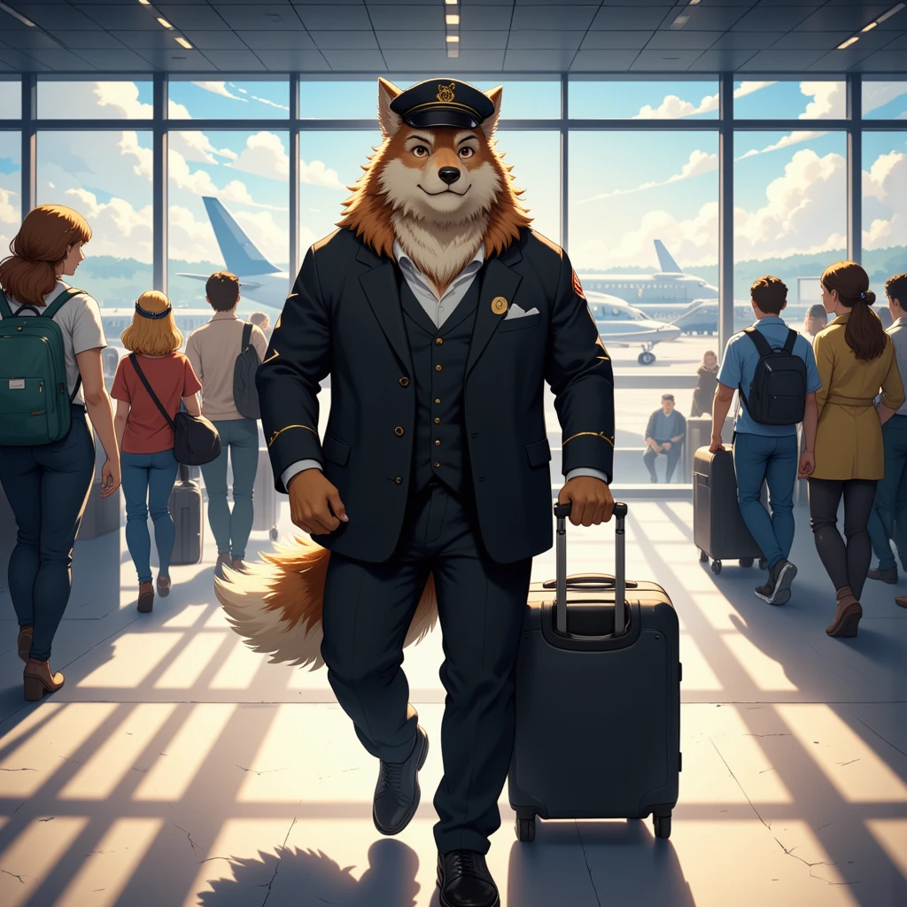 airline pilot, a middle-aged clothing german wolf man, airline hat, airline black color suit, trolley case, walking, morning, airport, passenger terminal, indoor, detailed painting landscape, BREAK full body in Michelangelo Buonarroti style, character focus, 1boy, full body, looking away, from above, niji5, BREAK complete anatomy, perfect proportions, beautiful thigh gap, fluffy body, intricate fur details, beautiful fur texture, BREAK a detailed wolf 1tail, detailed shoes, beautiful foot, detailed hands, 5fingers, 5fingers nails, BREAK aesthetic anime face, insanity detailed face, male face, big face, square jawline, aesthetic anime eyes, detailed brown eyes, detailed brown cornea, detailed dark brown irises, detailed pupils, male eyes, big eyes, male eyebrows, innocent look, beautiful beard, BREAK masterpiece, official art, best quality, very aesthetic, absurdres, super fine illustration, great quality, BREAK noise reduction, very highres, large filesize, high quality, 32K, 8k wallpaper, dynamic lighting, BREAK insanity detailed, ultra detailed, intricate details, extremely detailed, detailed texture, an extremely delicate and beautiful, full color, HDR, BREAK e621 illustration, osukemo, kemohomo, anthropomorphic, furry, cartoon, harmonious eyes, pastoral face, virtuous body, airport atmosphere 