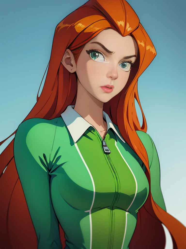 (masterpiece,  best quality), Portrait of Sam's face \(totally spies\), orange hair,  long hair, green eyes, green jumpsuit,  looking at the viewer , furious expression, (white background)