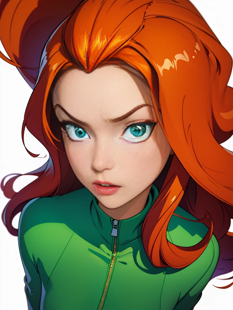 (masterpiece,  best quality), Portrait of Sam's face \(totally spies\), orange hair,  long hair, green eyes, green jumpsuit,  looking at the viewer , furious expression, (white background)