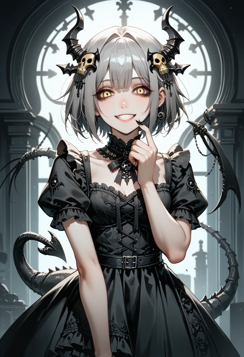 A girl with a black scorpion tail. Black carapace. gothic dress. Her one hand becomes a scorpion's claw. Gray hair. short hair. Yandere Smile. yellow eyes hair ornament in her hair. mucus.