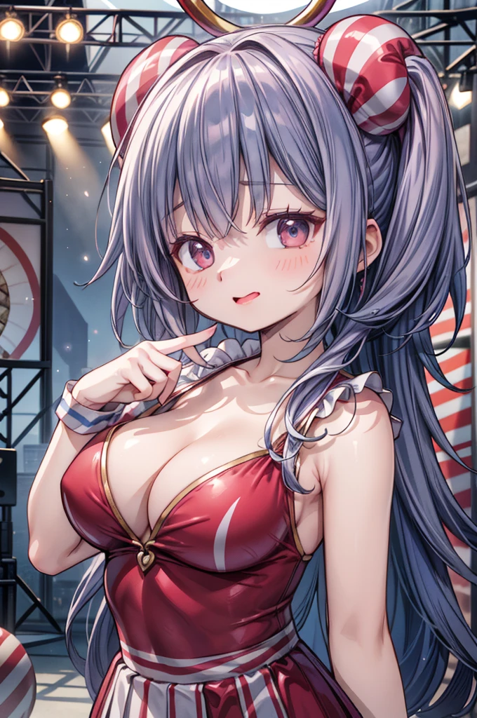 (masterpiece, ultra-detailed, best quality, clear focus, dramatic scene, cinematic), shadow, (ultra-high resolution, 8k), perfect anatomy, perfect face, (detailed face, detailed eye), cute Japanese girl, famous Japanese idol, very beautiful and cute and cool face, dynamic pose, dynamic angle, (she is a cute circus clown, wearing a clown stage costume:1.3), (she is performing a circus show on the stage, spot light:1.3), large breasts, dynamic angle, dark blue hair, panicking, open mouth, (wavy mouth:1.3)