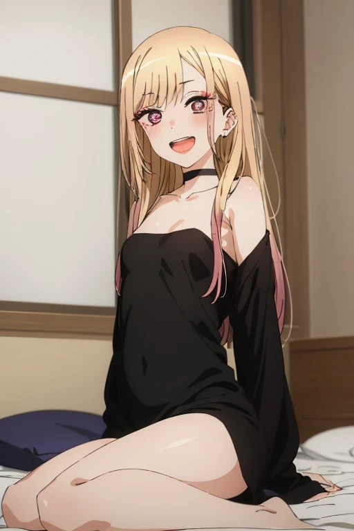 ((Best Quality)), ((masterpiece)), (be familiar with),  perfect face, indoor, bedroom,  watching viewers,
One woman,  Kitakawa Kaiumi,
 characters with open mouth ,  ecstatic expression , blush, smile,
Small breasts,  flat chest, , ,  s, Girl,
Long Hair,  long hair,
Leg spread,