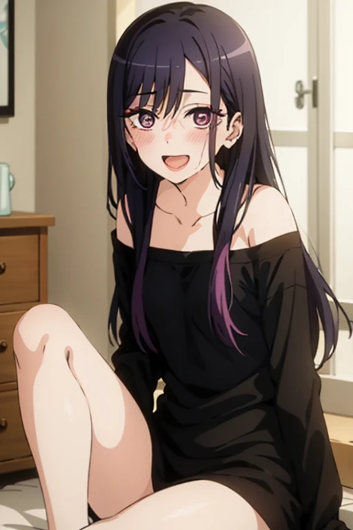 ((Best Quality)), ((masterpiece)), (be familiar with),  perfect face, indoor, bedroom,  watching viewers,
One woman,  Kitakawa Kaiumi,
 characters with open mouth ,  ecstatic expression , blush, smile,
Small breasts,  flat chest, , ,  s, Girl,
Long Hair,  long hair,
Leg spread,