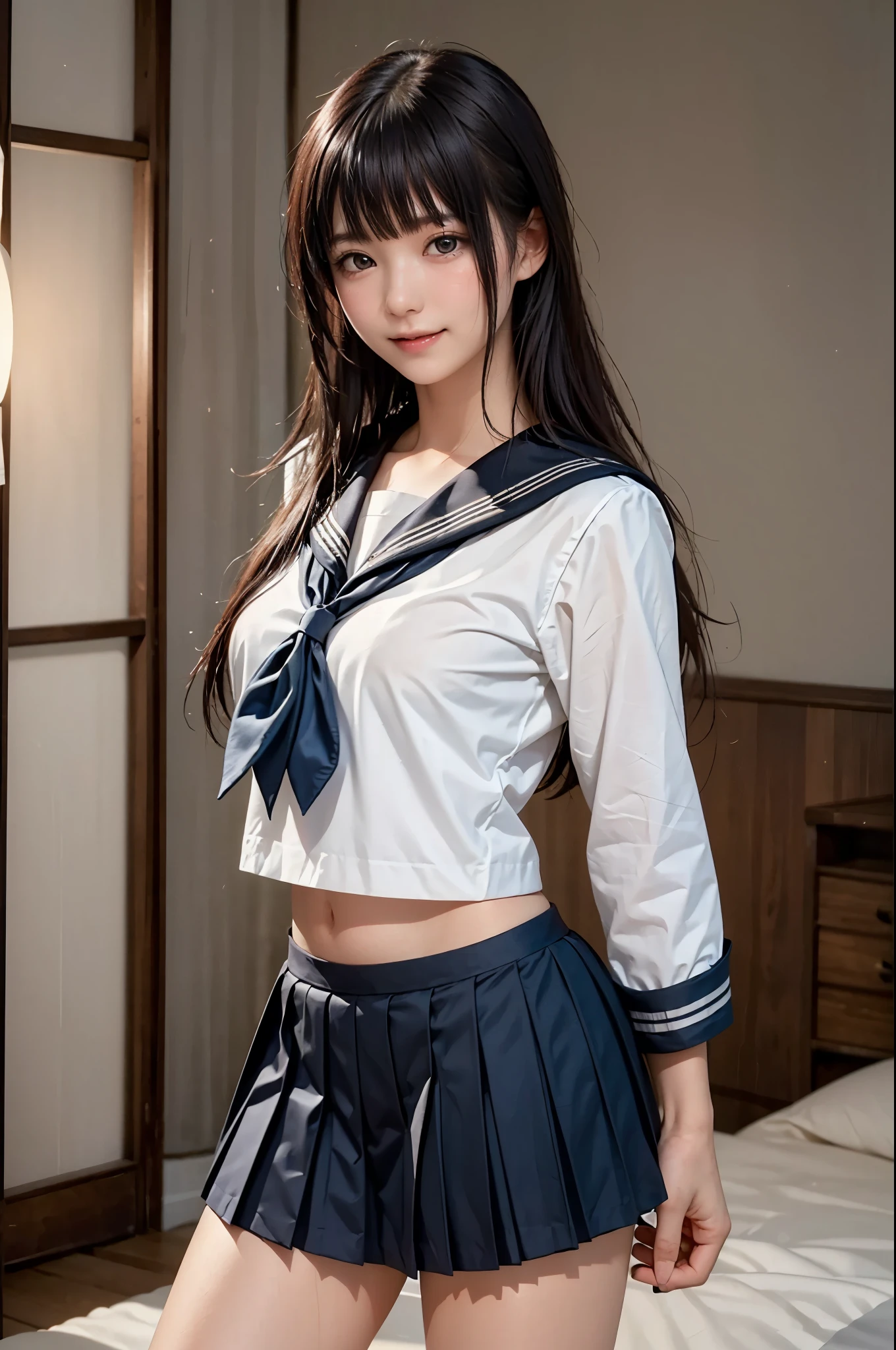 1girl, (solo), (selfie), (), huge breast:1.4, ((beautiful anime eyes with fine detail)), realistic skin, sailor suit, (Navy blue pleated miniskirt)