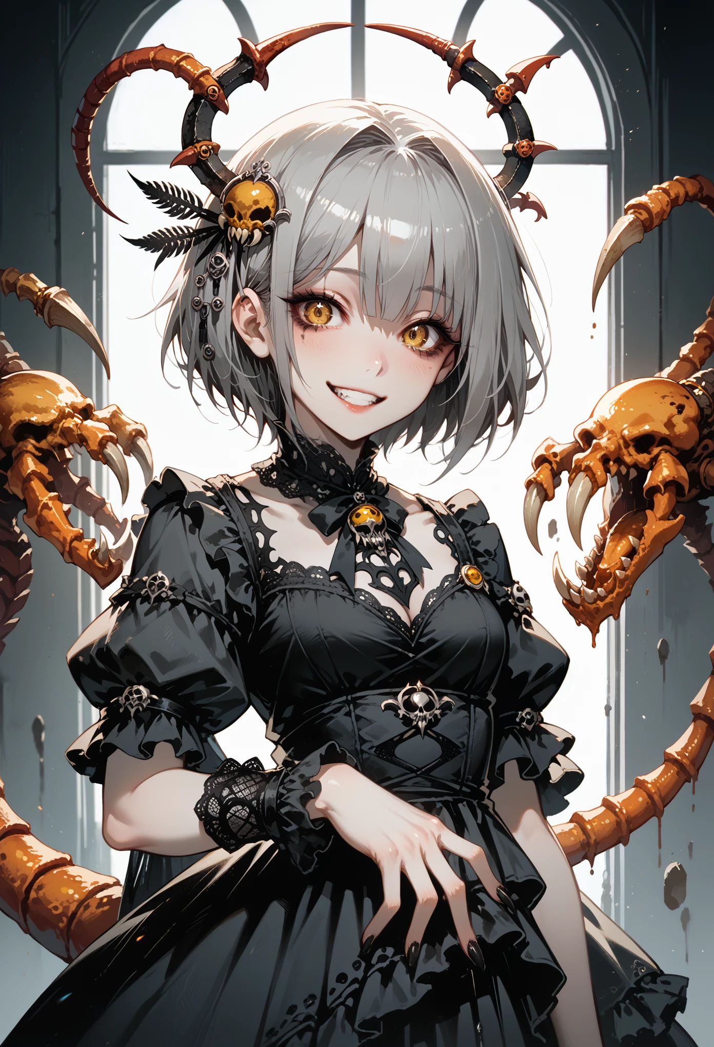 A girl with a scorpion tail. Black carapace. gothic dress. Her one hand becomes a scorpion's claw. Gray hair. short hair. Yandere Smile. yellow eyes hair ornament in her hair. mucus.