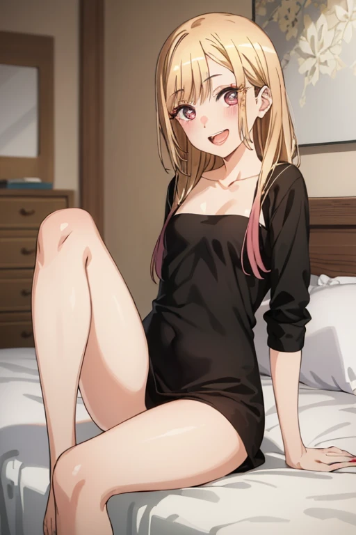 ((Best Quality)), ((masterpiece)), (be familiar with),  perfect face, indoor, bedroom,  watching viewers,
One woman,  Kitakawa Kaiumi,
 characters with open mouth ,  ecstatic expression , blush, smile,
Small breasts,  flat chest, , ,  s, Girl,
Long Hair,  long hair,
Leg spread,