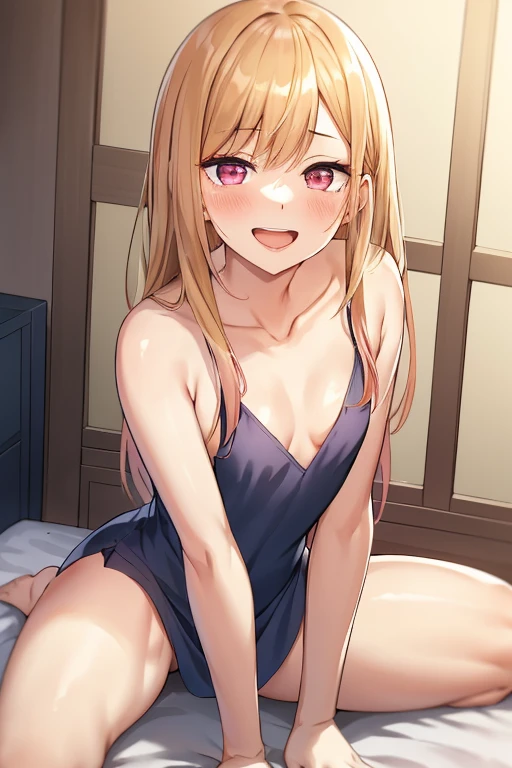 ((Best Quality)), ((masterpiece)), (be familiar with),  perfect face, indoor, bedroom,  watching viewers,
One woman,  Kitakawa Kaiumi,
 characters with open mouth ,  ecstatic expression , blush, smile,
Small breasts,  flat chest, , ,  s, Girl,
Long Hair,  long hair,
Leg spread,