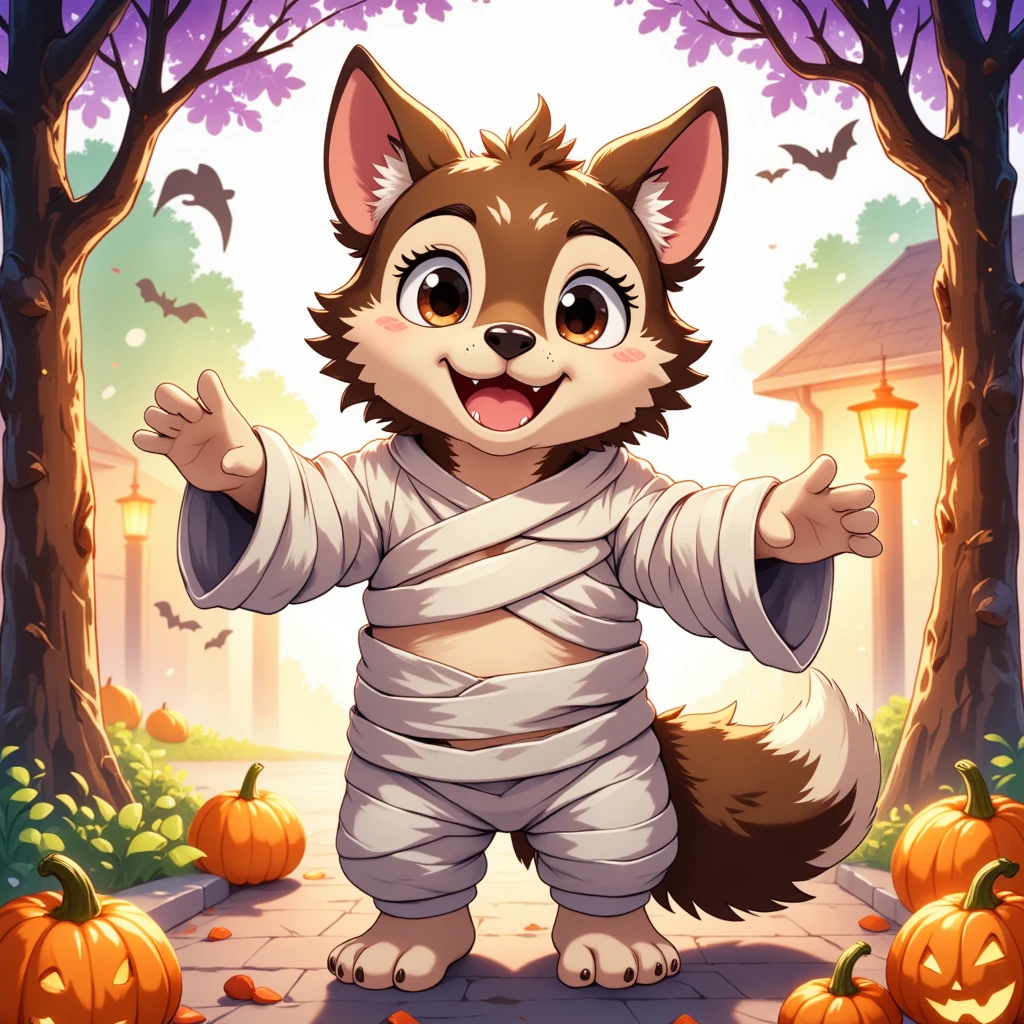 A watercolor-style illustration of an anthropomorphic wolf dressed in a playful Mummy costume for Halloween. The wolf humanoid is wrapped in loosely hanging, tattered bandages, with a cheerful expression as it celebrates the Halloween festivities. The background features a festive Halloween atmosphere, with soft, vibrant colors of orange, purple, and green, as well as decorations like pumpkins, bats, and glowing lanterns. The wolf strikes a fun pose, adding to the lively, joyful energy of the scene. The watercolor brushstrokes give a soft, whimsical look to the image, capturing the playful, lighthearted spirit of Halloween, (watercolor style, wolf humanoid, mummy costume, Halloween festivities, playful expression, vibrant colors, orange, purple, green, pumpkins, bats, glowing lanterns, fun pose, cheerful atmosphere, whimsical, lighthearted, soft brushstrokes)