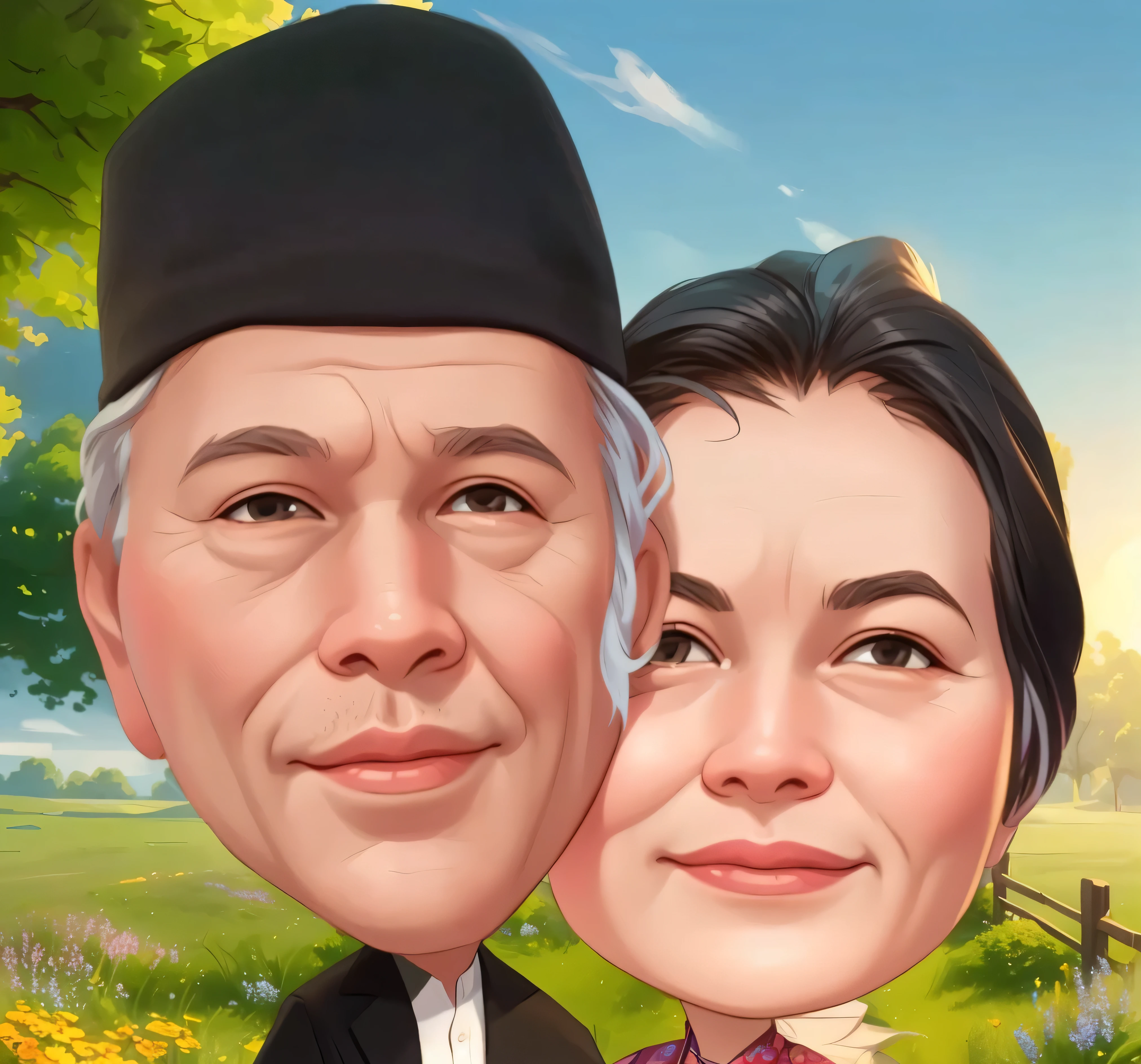 Grandpa wears a cap and grandma wears a Javanese bun in her hair. arafed image of a couple in a field with a tree, caricature illustration, caricature style, caricature, cartoon digital painting, cartoon portrait, detailed portrait, classic portrait, digital cartoon painting art, potrait, couple portrait, digital art cartoon, full protrait, cartoon digital art, high quality portrait, cartoon artstyle, couples portrait, nft portrait, caricature!!!