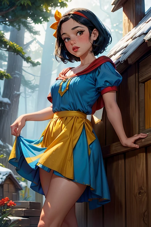 1girl, young girl, Jenna Ortega as Snow White, outside 7 dwarfs hut, blue dress, yellow skirt, red ribbon headband, freckles, blushing, red lips, 