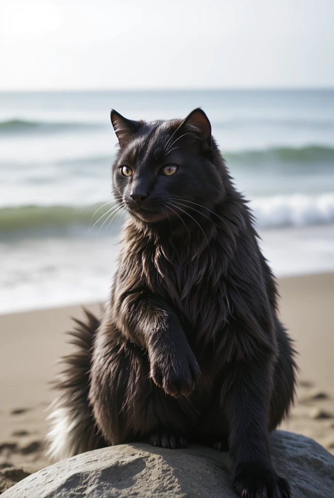 alone, score_9,score_8_up,score_7_up, feral female skunk, beach background, cute pose, shy smile, blushing, sitting on stone, rear view, tail, 