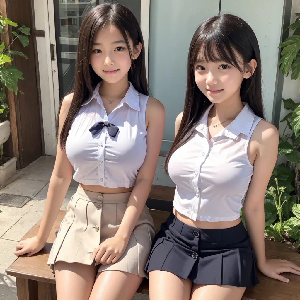 girls in school classroom,white tankini top with white collar with buttons and plaid bow tie,white tankini bottom with plaid ruffles,sheer white tights,18-year-old,bangs,a little smiles,thighs,crotch,knees,short cut hair,pigtail,from below