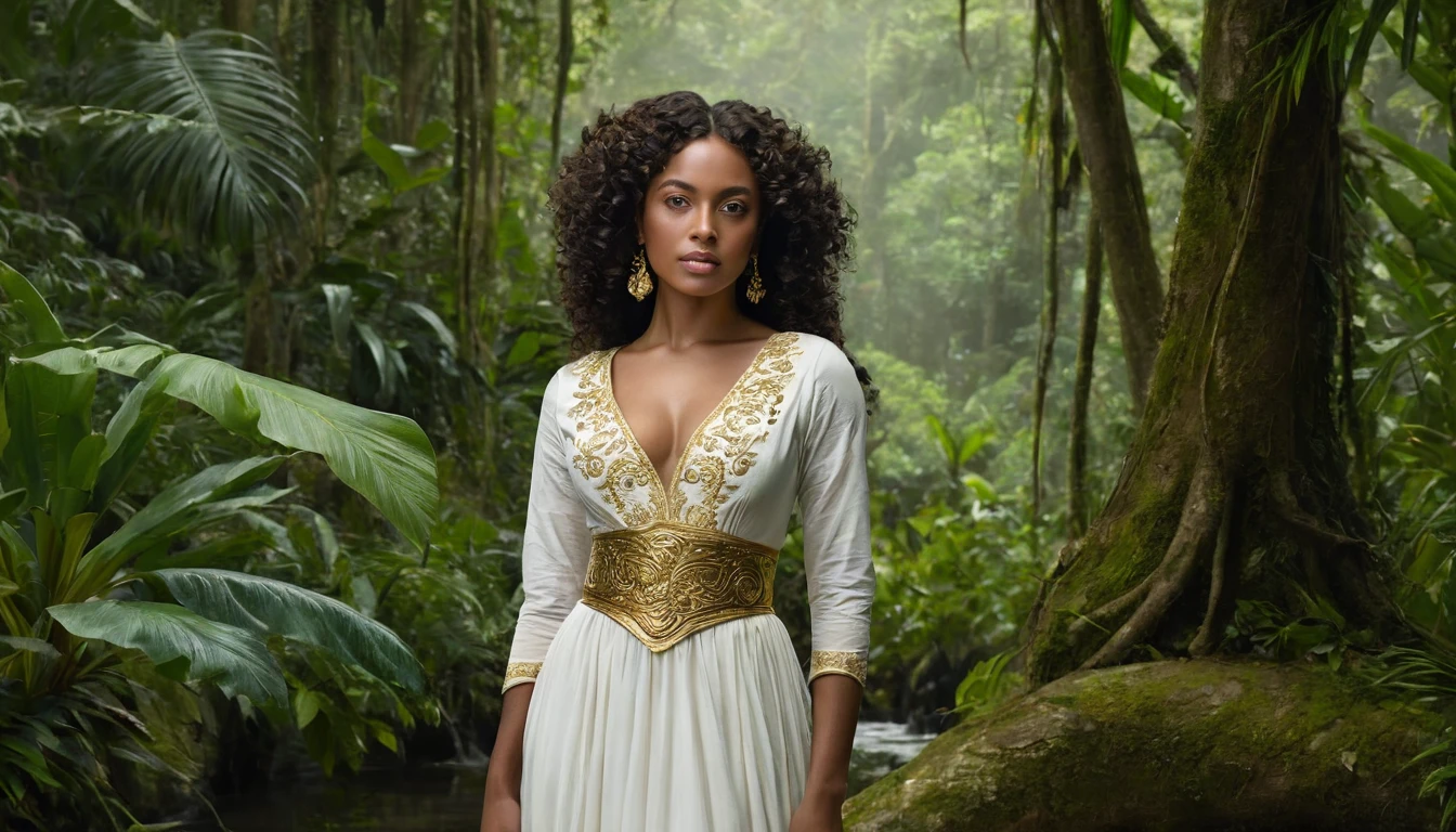 A realistic image of a beautiful black woman, a 17th century aristocrat, standing confidently on a winding dirt trail, surrounded by the lush canopy of a tropical jungle. Her silky, curly hair cascades down her back, framing a face with perfect features. Her eyes, bright and curious, gaze out over the vast expanse of a tranquil river, its calm waters reflecting the vibrant hues of the jungle. A long, ankle-length, flowing white dress adorned with intricate gold embroidery hugs her curves, accentuated by a delicate yellow belt cinched at the waist. Her long sleeves, tightly fitted at the wrists, add a touch of elegance to her overall demeanor. Black boots, polished to perfection, complete her refined ensemble. The cloudy sky above, with its soft, diffused light, casts a mystical ambiance over the scene, as if time itself has stood still. The air is alive with the sounds of the jungle, and the woman’s presence seems to embody the very essence of the untamed wilderness.