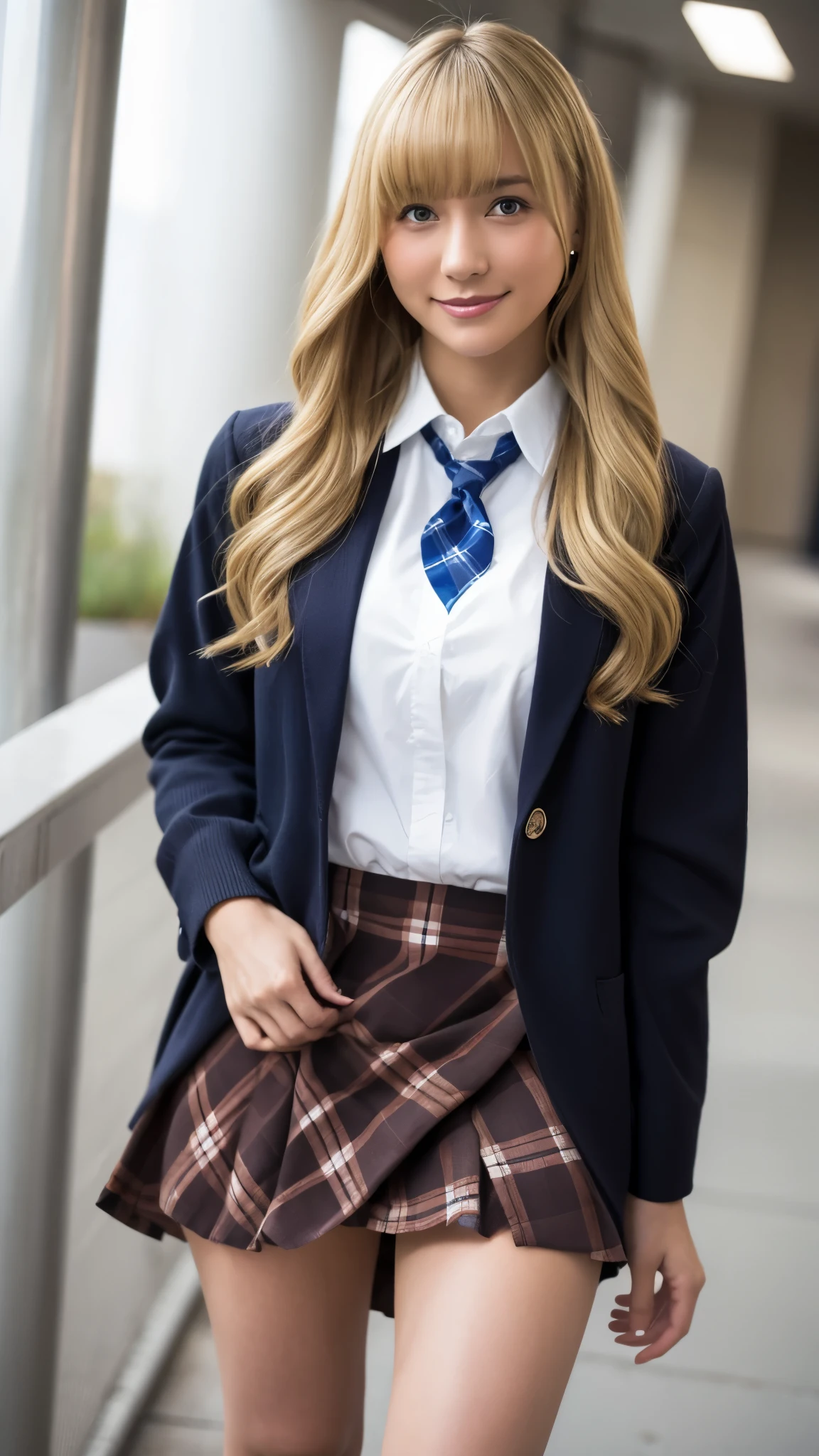 (Highest quality, 4K, 8k, High resolution, masterpiece, Genuine, Realistic, Realistic:1.3), (upper body), Girl standing in a school changingroomand touching skirt, blue neckerchief Uniform, Dark Blown Blazer, blown plaid skirt, Ear piercing, Gal Makeup, wearing white callored shirts, ((blonde wavy long hair:1.3)), gold bracelets, 18-year-old, A small smile,Thighs, knees, From below, having pinching skirt:0.7, open legs:0.8, 