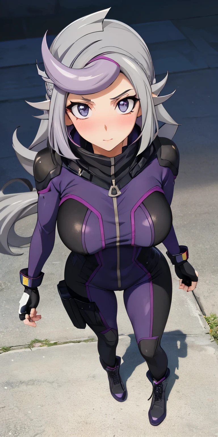 1 Female,High definition,high resolution,Ultra-realistic,8K, 1girl,  (emma_bessho:1.2),  (grey hair:1.2),(  purple hair:1.2),  grey eyes,  low-tied long hair,  (medium breasts:1.2),  (wide hips:1.2),  (purple bodysuit:1.2),  (long sleeves:1.2),  pants,  (black gloves,  fingerless gloves:1.2),medium breasts, black boots,European,sexy,Upper body close-up,Photographed from the front,Dynamic Angles,blush, medium tits ,(top view),(full body), perfect face,cute face,perfect face,cute face,ultra high definition, detailed face,8k