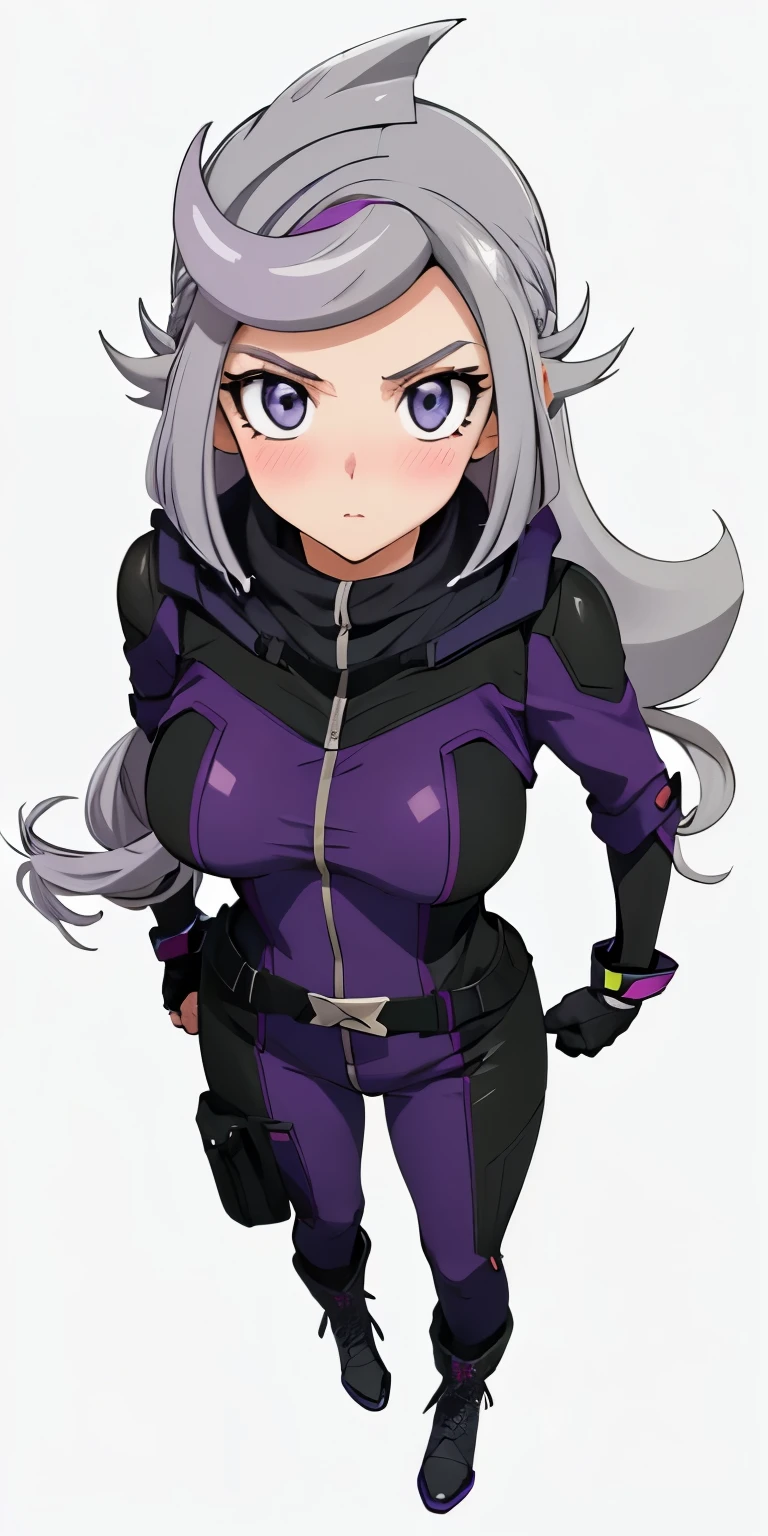 1 Female,High definition,high resolution,Ultra-realistic,8K, 1girl,  (emma_bessho:1.2),  (grey hair:1.2),(  purple hair:1.2),  grey eyes,  low-tied long hair,  (medium breasts:1.2),  (wide hips:1.2),  (purple bodysuit:1.2),  (long sleeves:1.2),  pants,  (black gloves,  fingerless gloves:1.2),medium breasts, black boots,European,sexy,Upper body close-up,Photographed from the front,Dynamic Angles,blush, medium tits ,(top view),(full body), perfect face,cute face,perfect face,cute face,ultra high definition, detailed face,8k